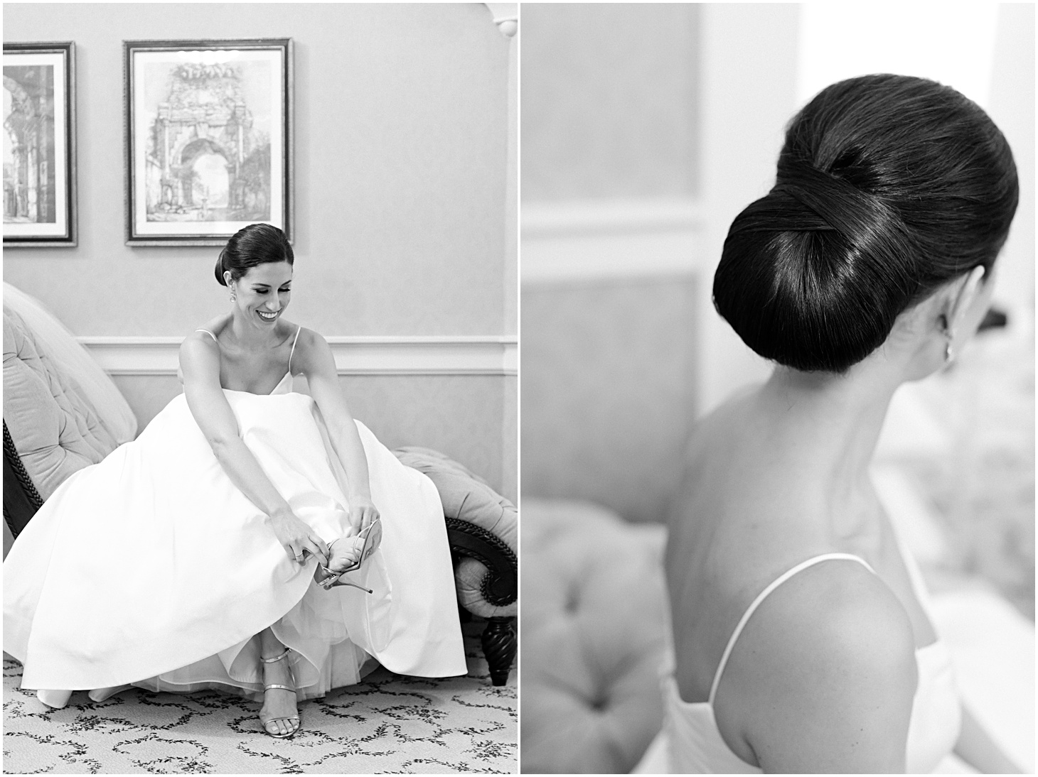 Amsale Wedding Gown, Manolo Blahnik Shoes, Hair by Jewel Hair Design at Willard Hotel - A Thoroughly Washingtonian Wedding at Meridian House in DC by Sarah Bradshaw 