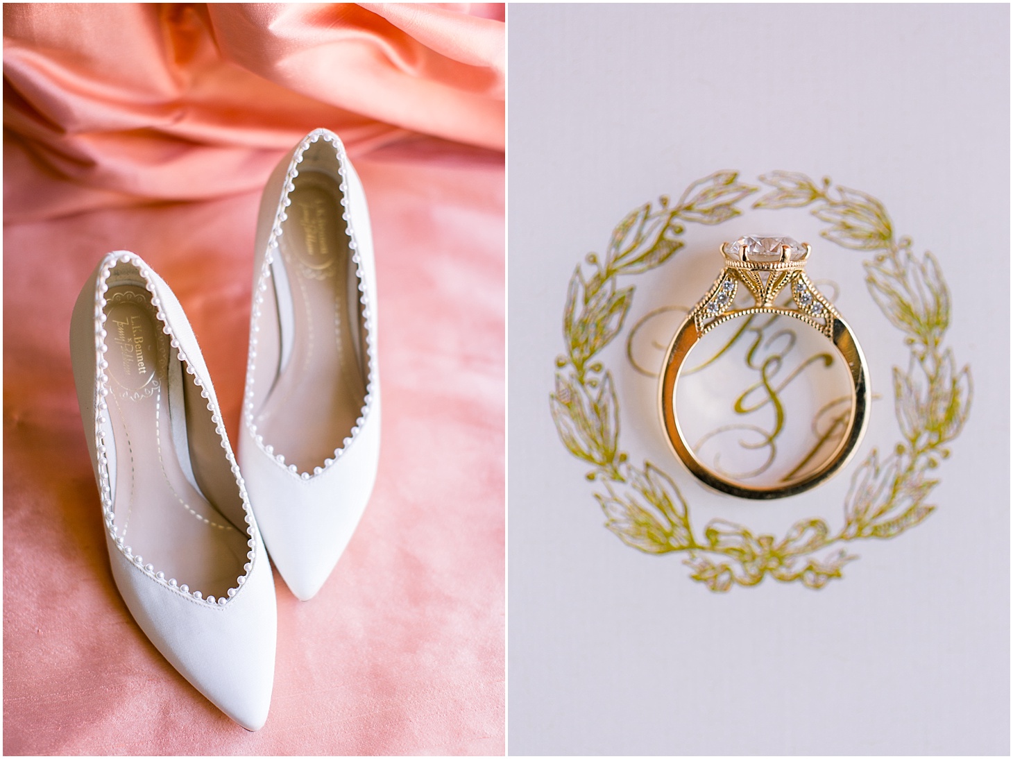 Cream L.K. Bennett Wedding Shoes and Gold Engagement Ring | Blush and Black Tie Wedding in Williamsburg, VA | Sarah Bradshaw Photography