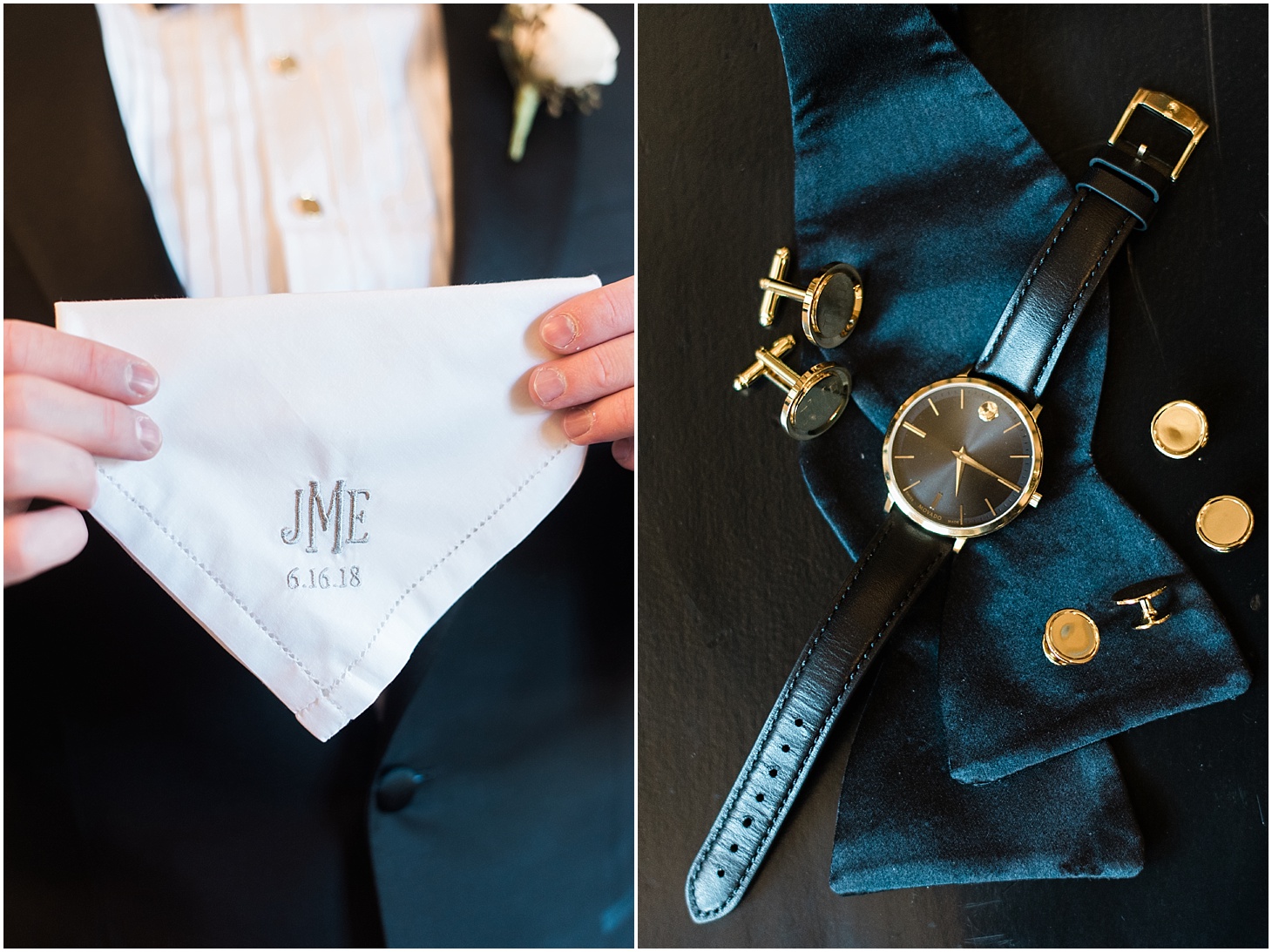 Groom's Details with Movado Watch | Blush and Black Tie Wedding in Williamsburg, VA | Sarah Bradshaw Photography