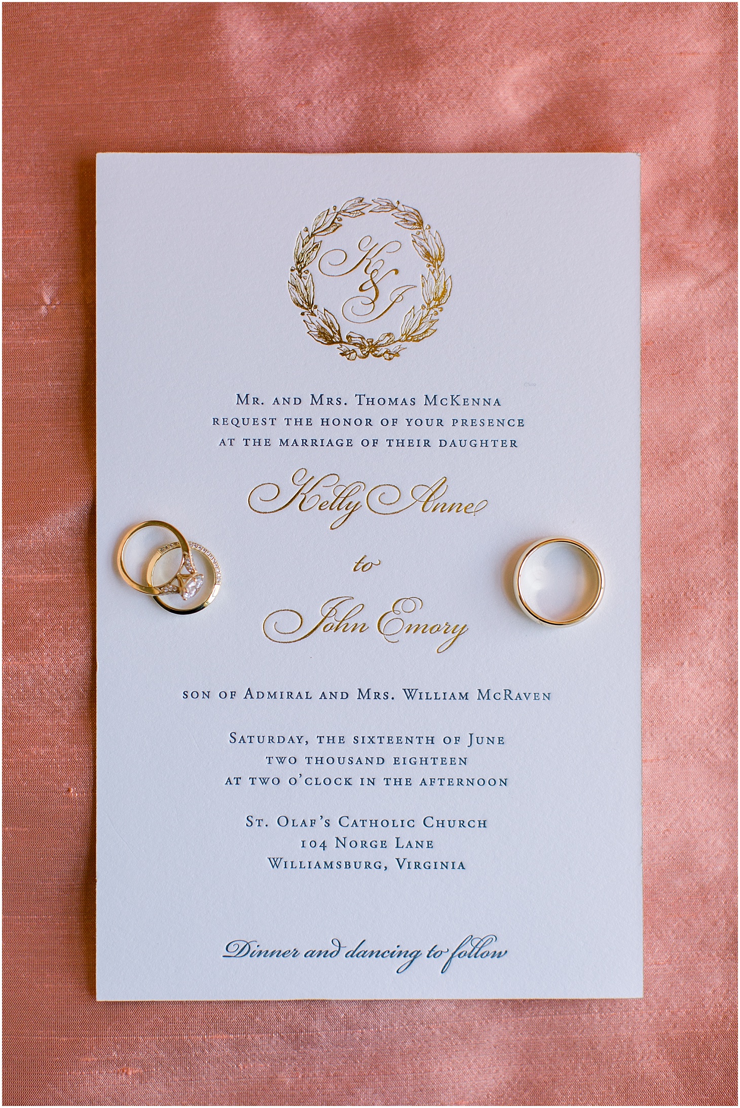 Gold Embossed Wedding Invitation with Rings | Blush and Black Tie Wedding in Williamsburg, VA | Sarah Bradshaw Photography