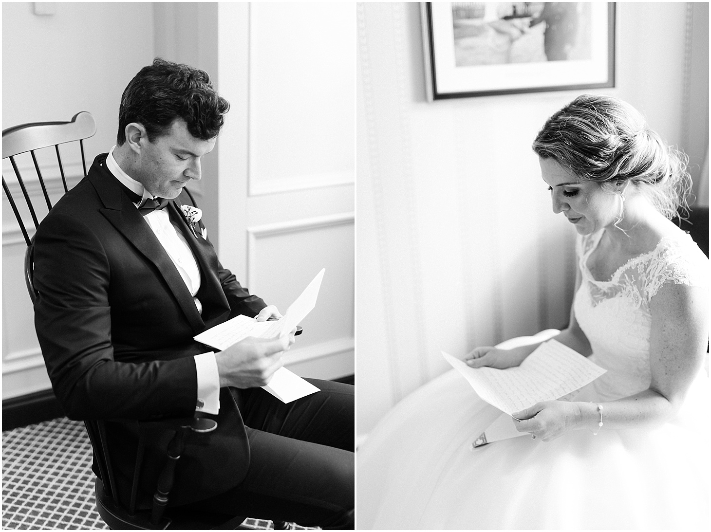 Bride and Groom Reading Letters | Blush and Black Tie Wedding in Williamsburg, VA | Sarah Bradshaw Photography