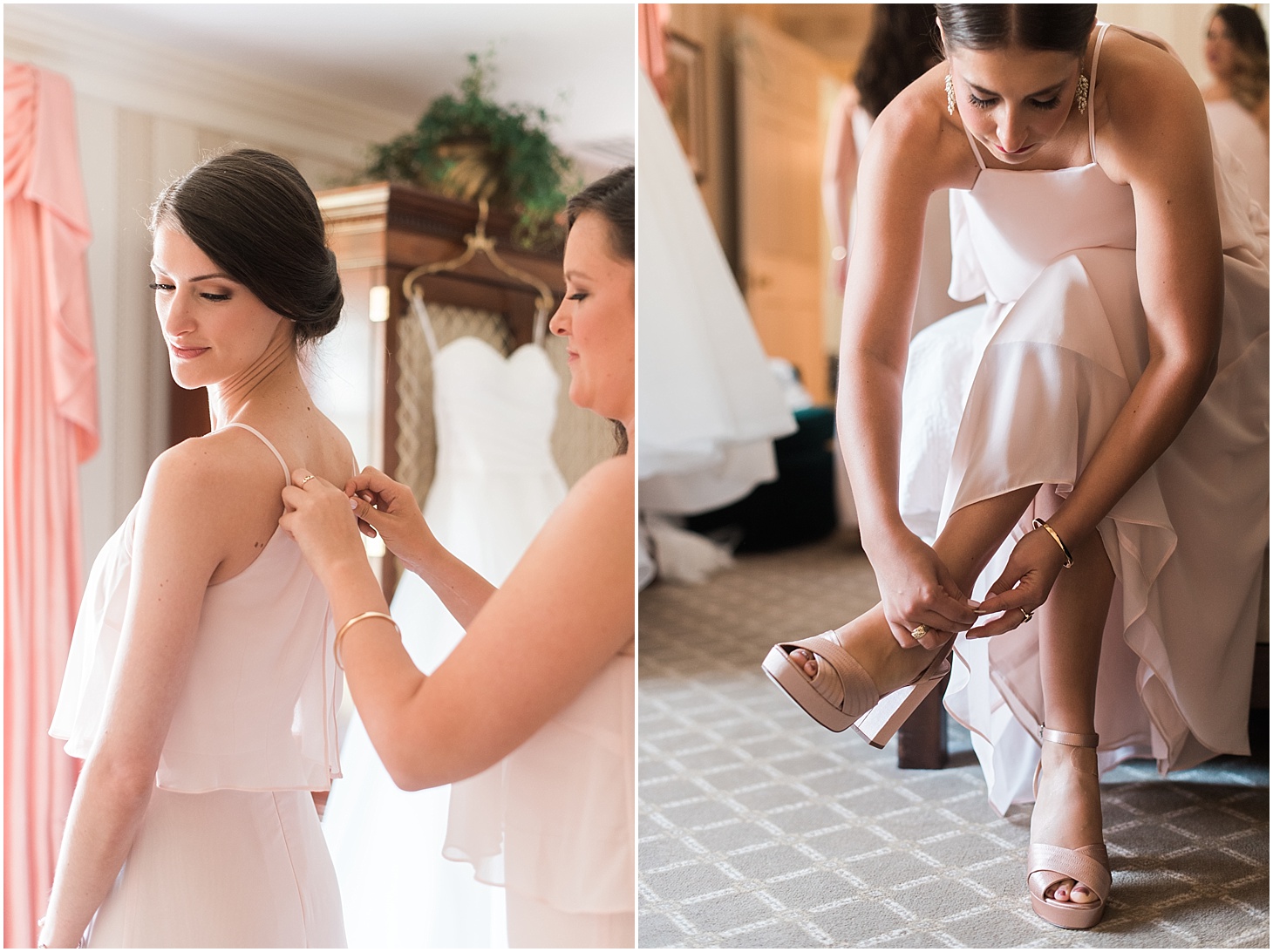 Bridesmaids Getting Ready in RK Bridal Dresses | Blush and Black Tie Wedding in Williamsburg, VA | Sarah Bradshaw Photography