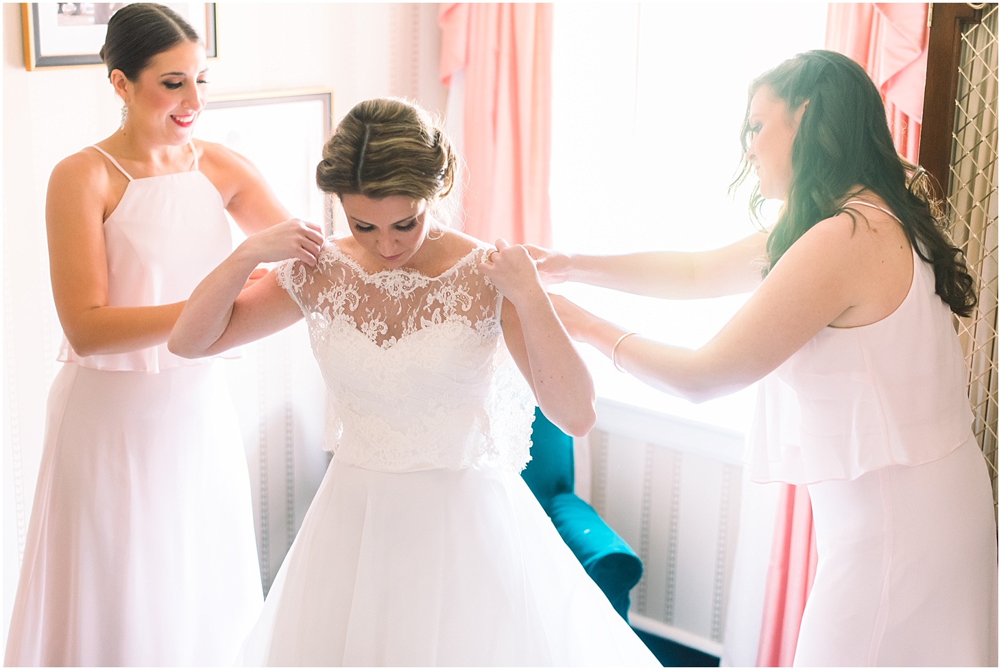 Bride Getting Ready in Custom Lace Bolero and Gown by Pronovias Wedding Gown | Blush and Black Tie Wedding in Williamsburg, VA | Sarah Bradshaw Photography