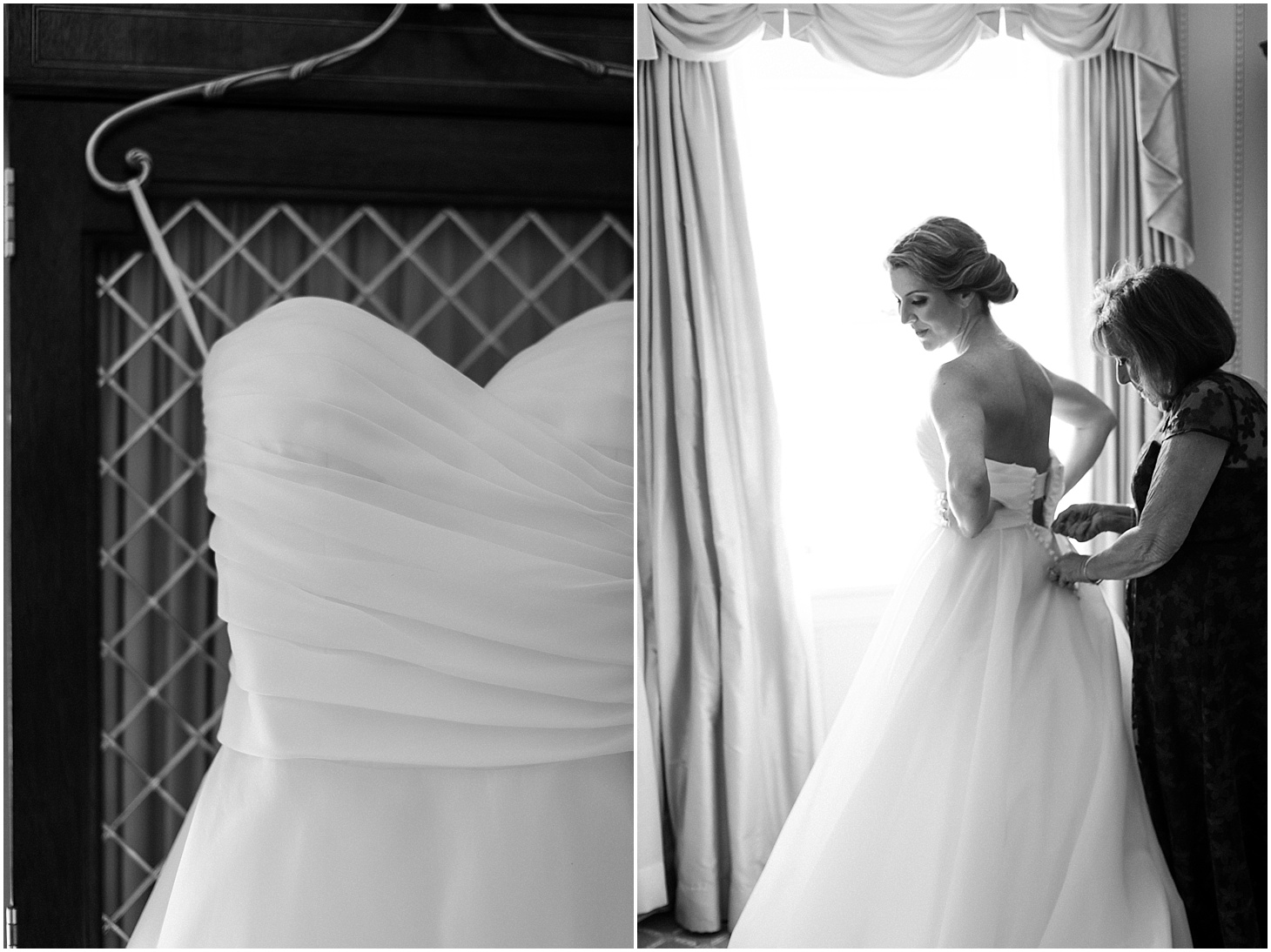 Bride Getting Ready in Pronovias Wedding Gown | Blush and Black Tie Wedding in Williamsburg, VA | Sarah Bradshaw Photography