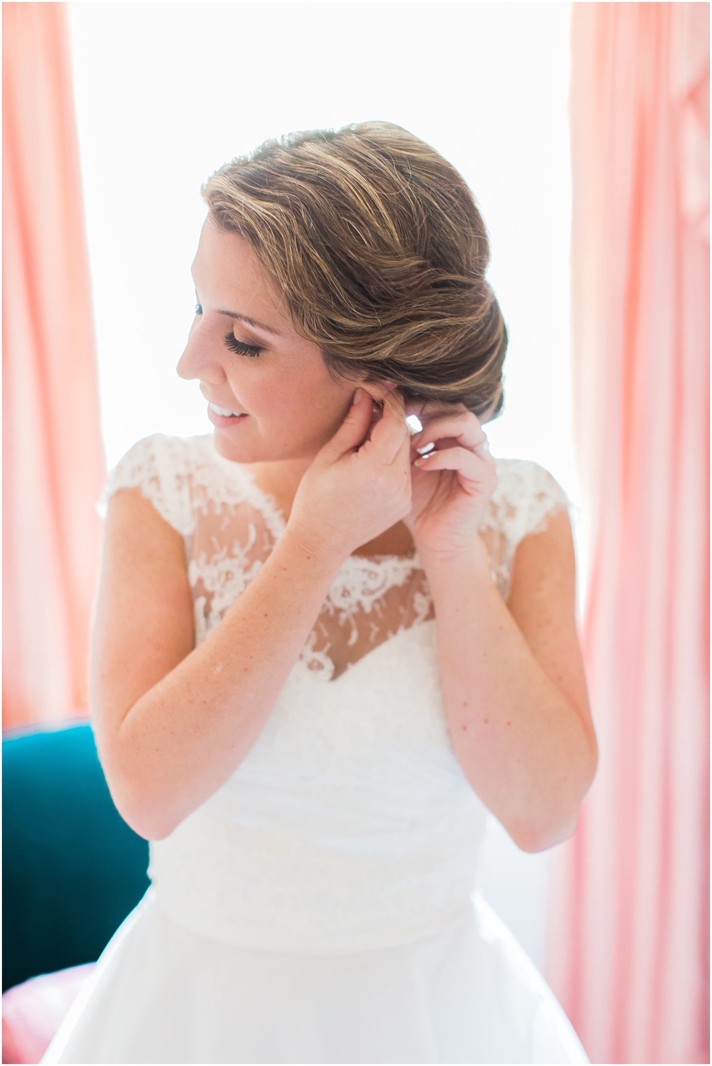 Bride Getting Ready in Custom Lace Bolero and Gown by Pronovias Wedding Gown | Blush and Black Tie Wedding in Williamsburg, VA | Sarah Bradshaw Photography