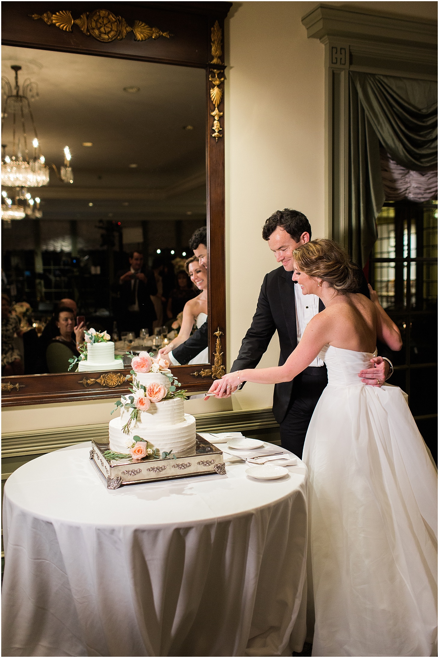 Cake Cutting at the Williamsburg Inn | Wedding Ceremony at St. Olaf Catholic Church | Blush and Black Tie Wedding in Williamsburg, VA | Sarah Bradshaw Photography