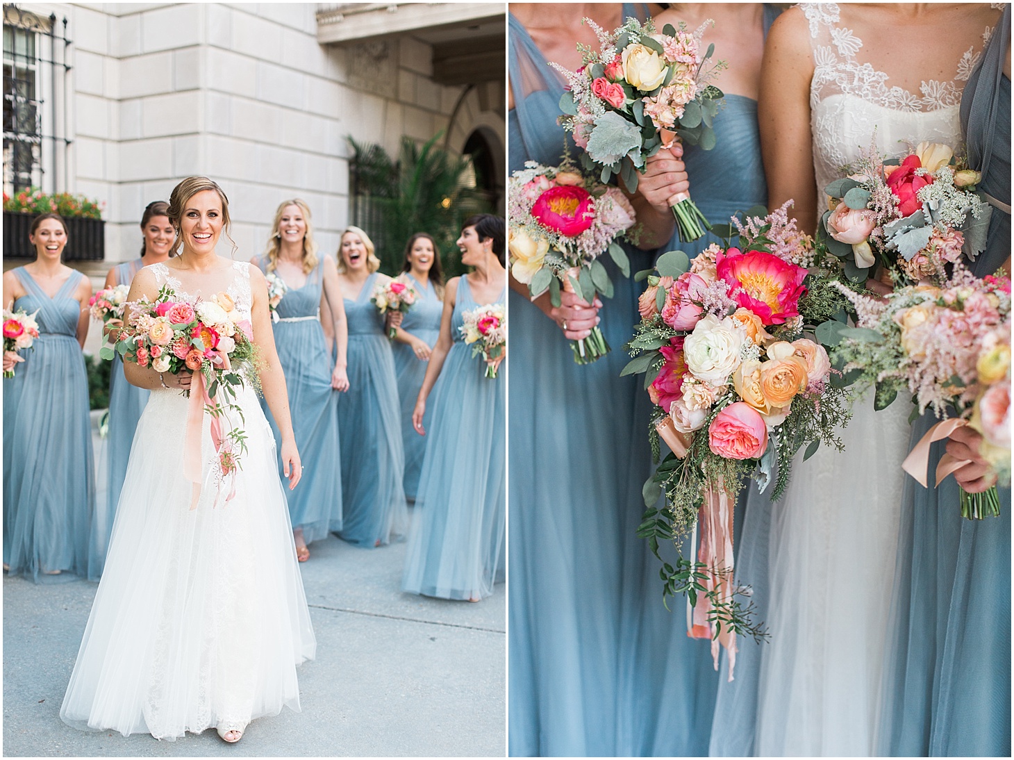 Lace and Tule Amsale Wedding Gown, Dusty Blue Jenny Yoo Bridesmaid's Dresses and Holly Chappel Florals | Interfaith DC Wedding by Sarah Bradshaw Photography