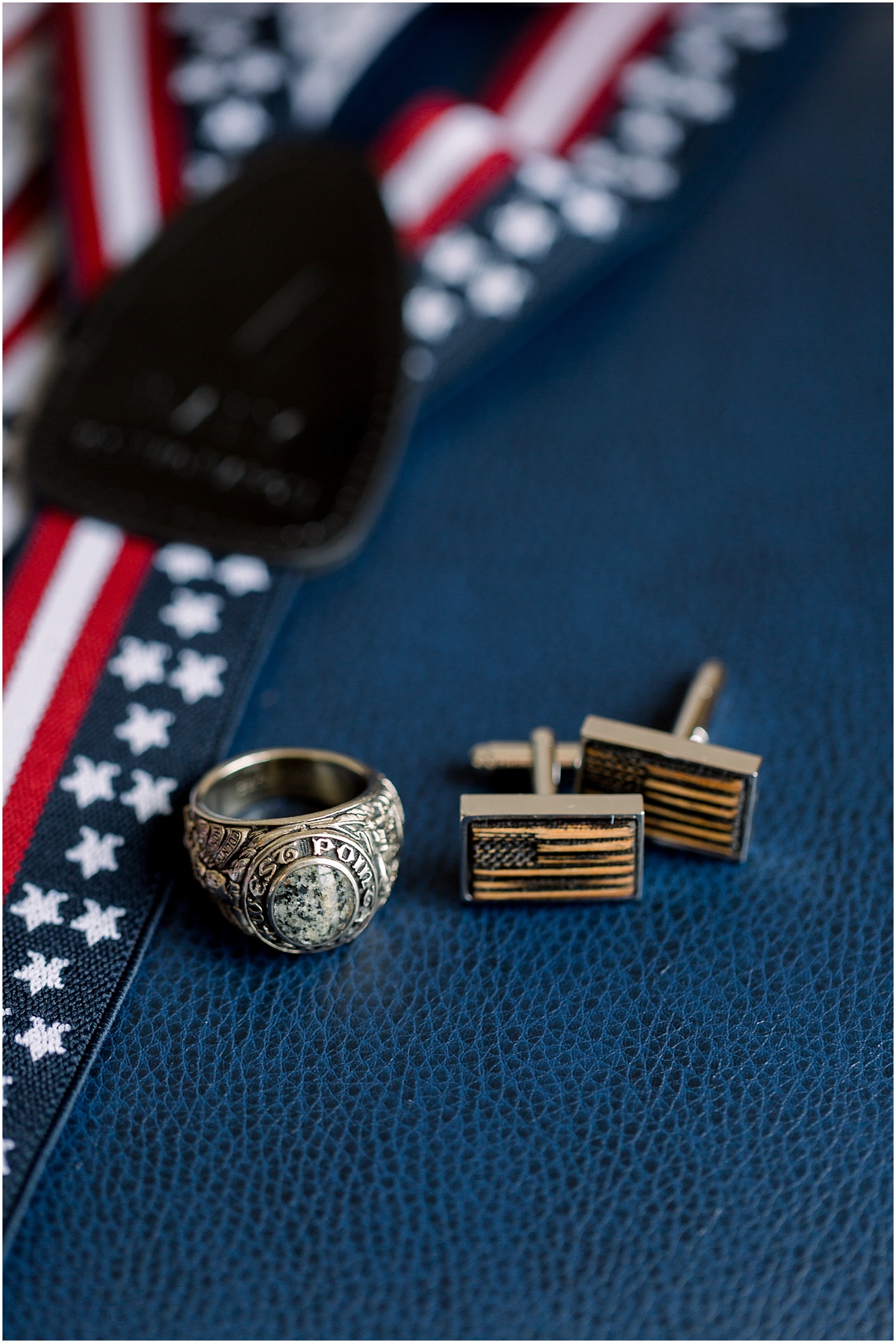 Groom's Details | West Point Class Ring, American Flag Cuff Links, and American Flag Suspenders | Chic and Modern Interfaith Wedding at the District Winery | Sarah Bradshaw Photography