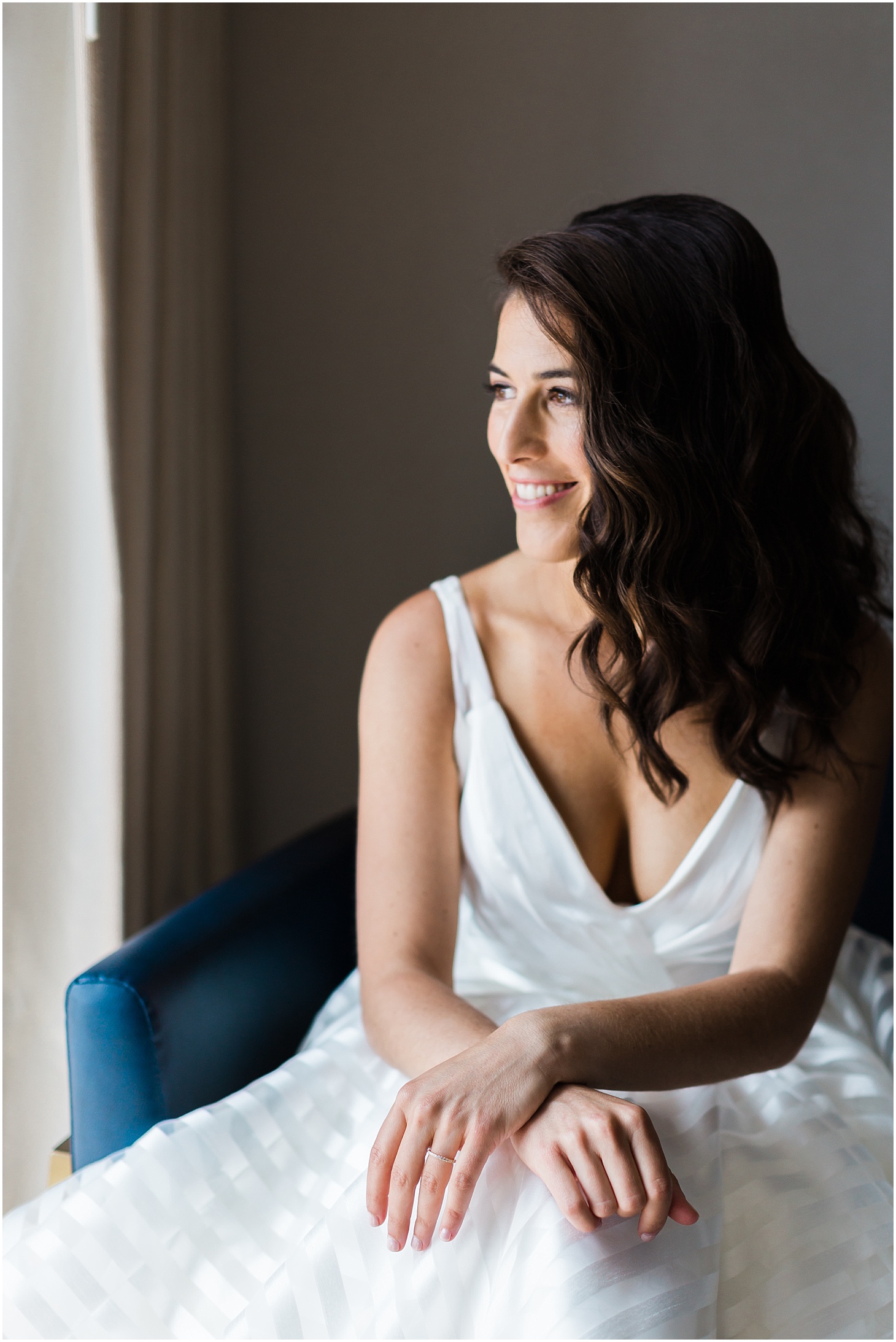 Bridal Portrait in the Water Suite at the Intercontinental Hotel-The Wharf | Hayley Paige Wedding Gown | Chic and Modern Interfaith Wedding at District Winery in Washington, DC | Sarah Bradshaw Photography