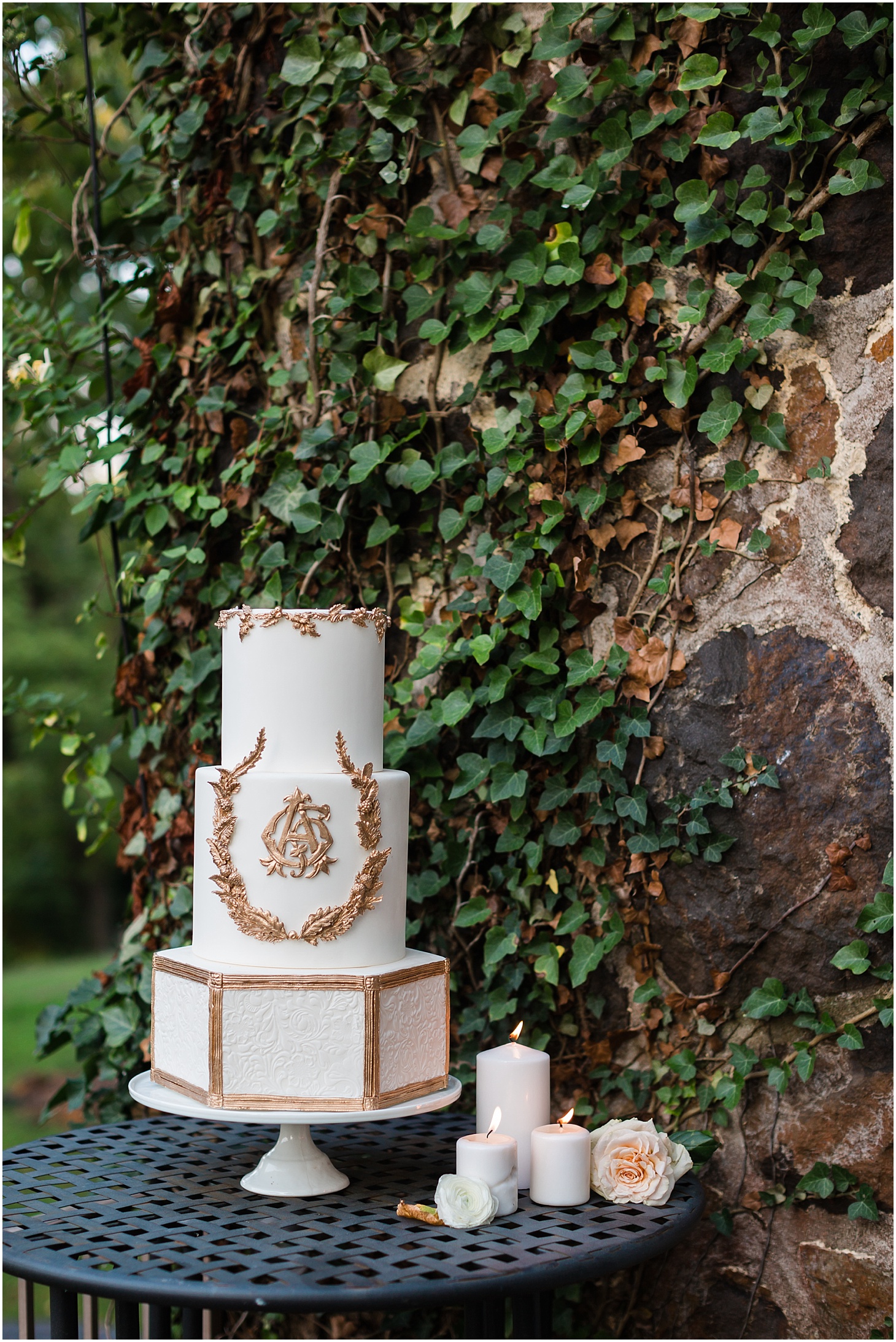 Buttercream Bakeshop Ivory and Gold Wedding Cake | Equestrian-Inspired Fall Wedding Editorial at Poplar Springs Manor | Sarah Bradshaw Photography