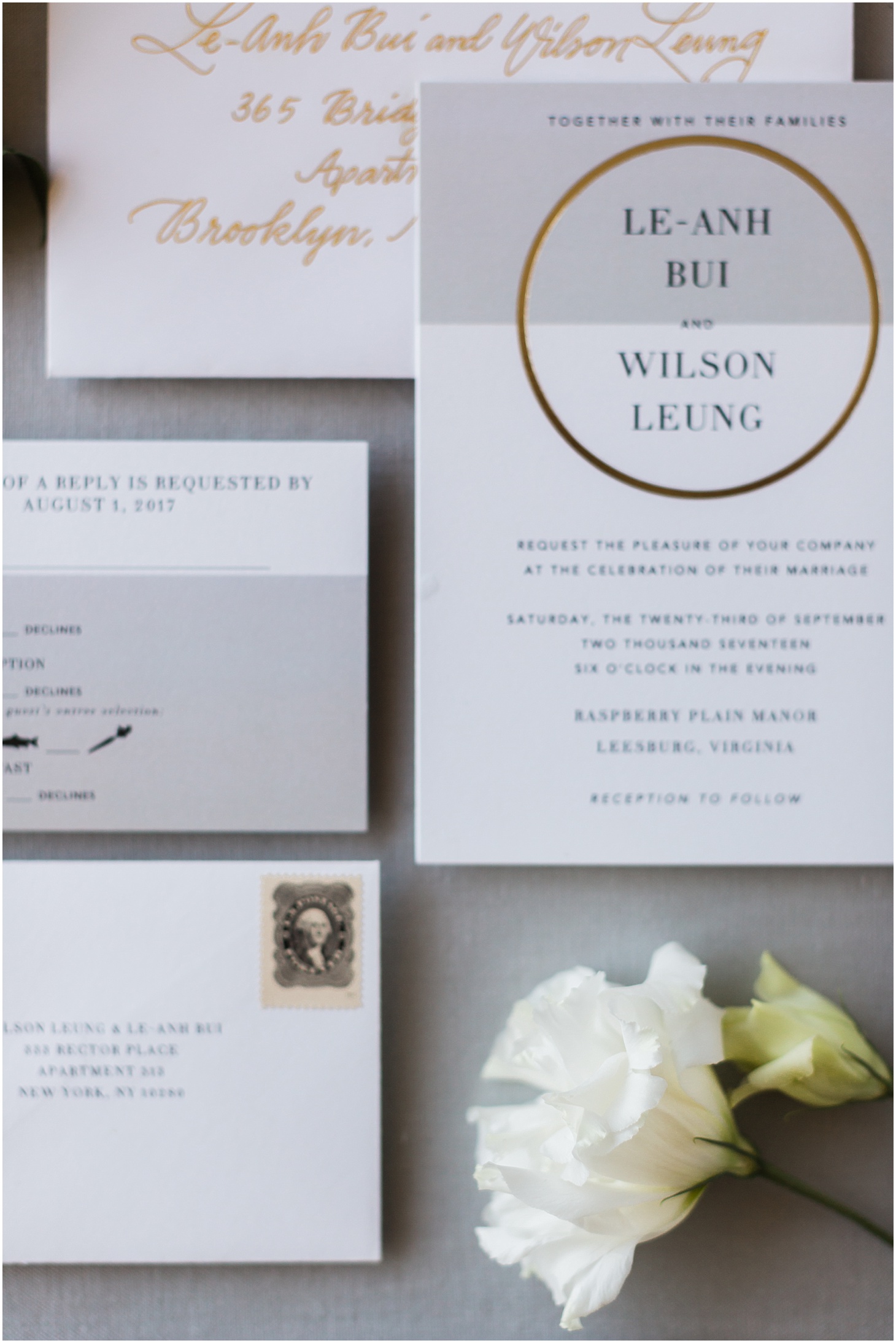 Gray and Gold Invitation Suite Detail | Elegant Fall Wedding at Raspberry Plain Manor | Sarah Bradshaw Photography 