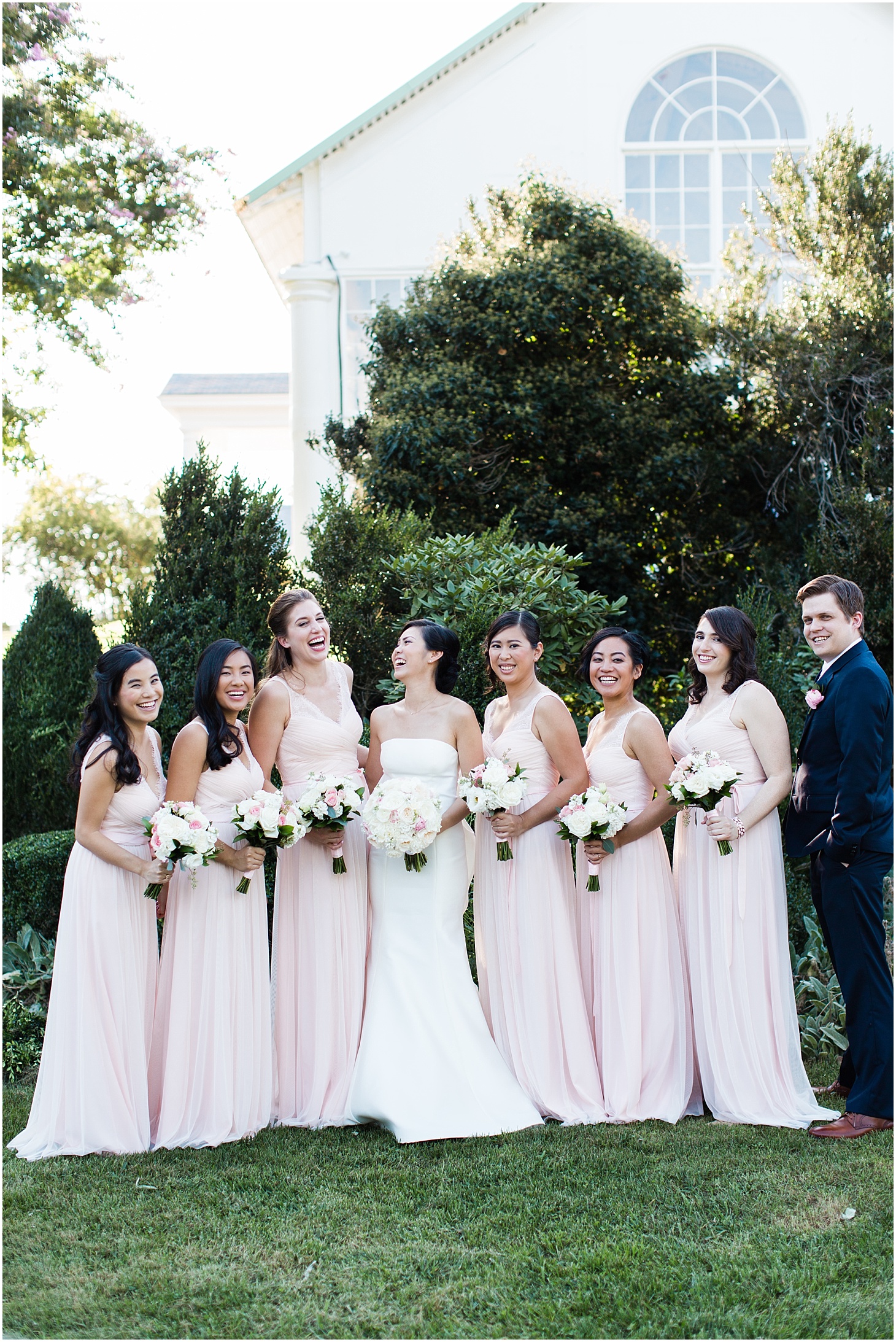 Bride, Bridesmaids, and Bridesman at Raspberry Plain Manor | Elegant Fall Wedding in Leesburg, VA | Sarah Bradshaw Photography