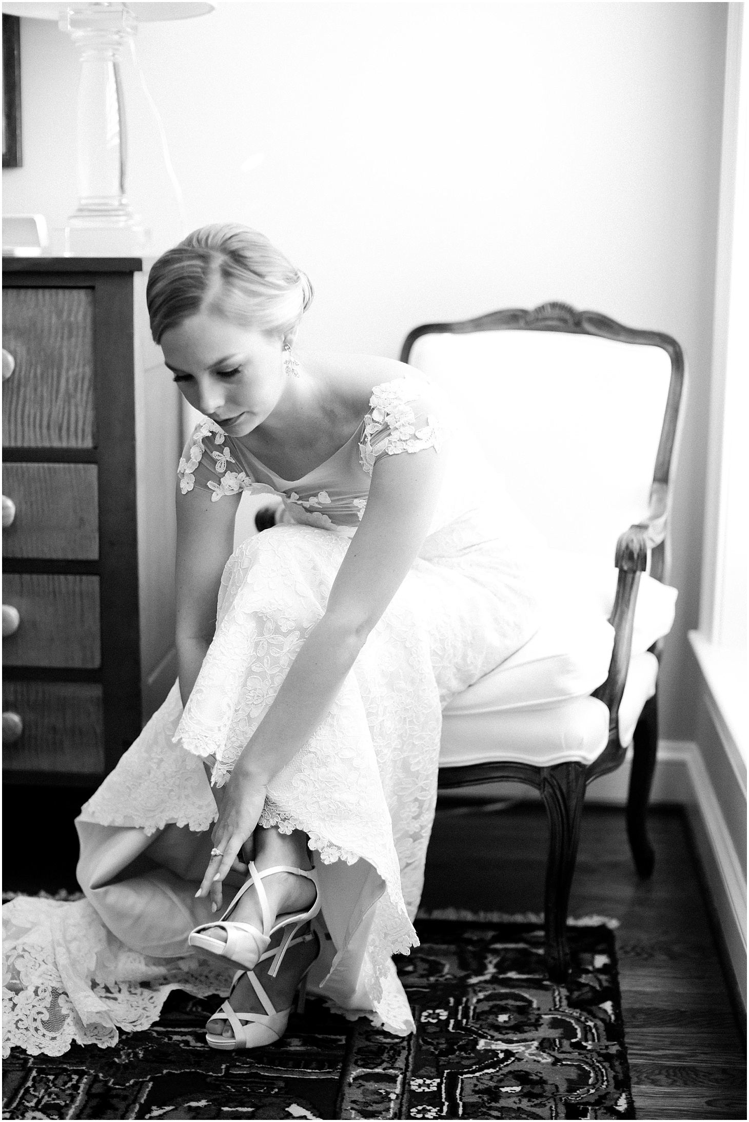Bride Getting Ready in Romona Keveza Gown and Kate Spade Shoes | Wedding Ceremony at Old Presbyterian Meeting House | Southern Black Tie wedding at St. Regis DC in Dusty Blue and Ivory | Sarah Bradshaw Photography