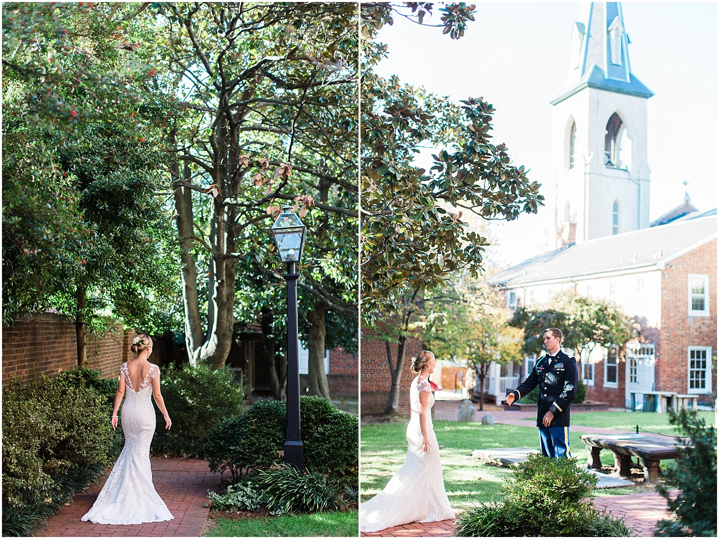 First Look before Wedding Ceremony at Old Presbyterian Meeting House | Southern Black Tie wedding at St. Regis DC in Dusty Blue and Ivory | Sarah Bradshaw Photography