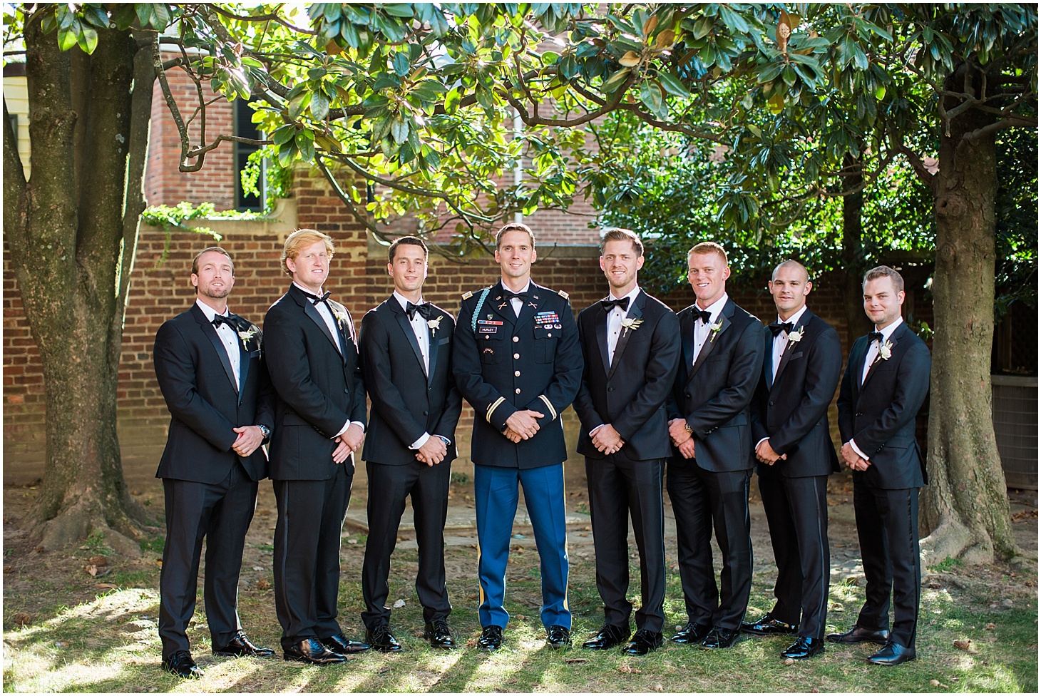 Groom and Groomsmen at Old Presbyterian Meeting House | Southern Black Tie wedding at St. Regis DC in Dusty Blue and Ivory | Sarah Bradshaw Photography