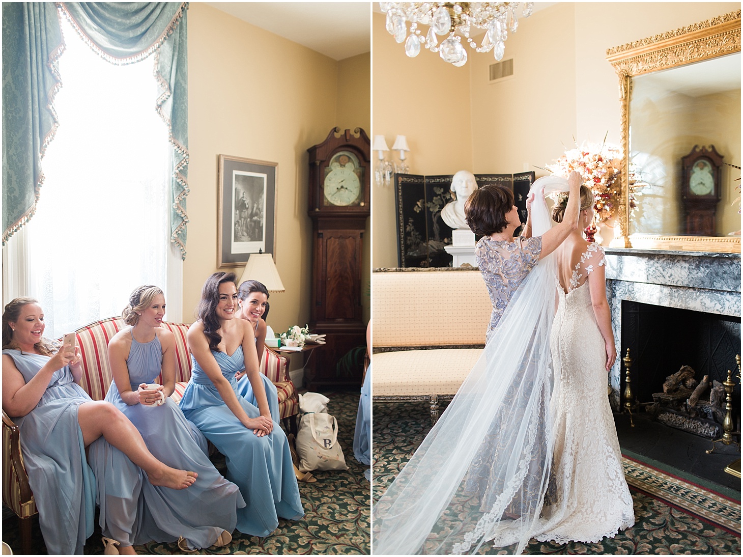 Bride Getting Ready before ceremony at Old Presbyterian Meeting House | Southern Black Tie wedding at St. Regis DC in Dusty Blue and Ivory | Sarah Bradshaw Photography
