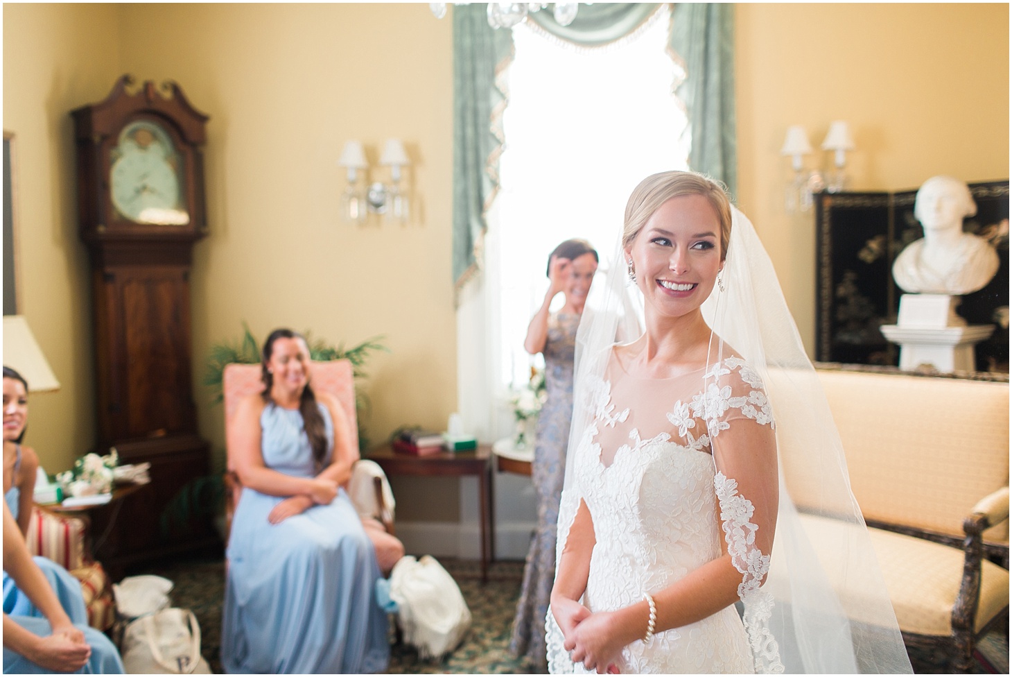 Bride Getting Ready before ceremony at Old Presbyterian Meeting House | Southern Black Tie wedding at St. Regis DC in Dusty Blue and Ivory | Sarah Bradshaw Photography