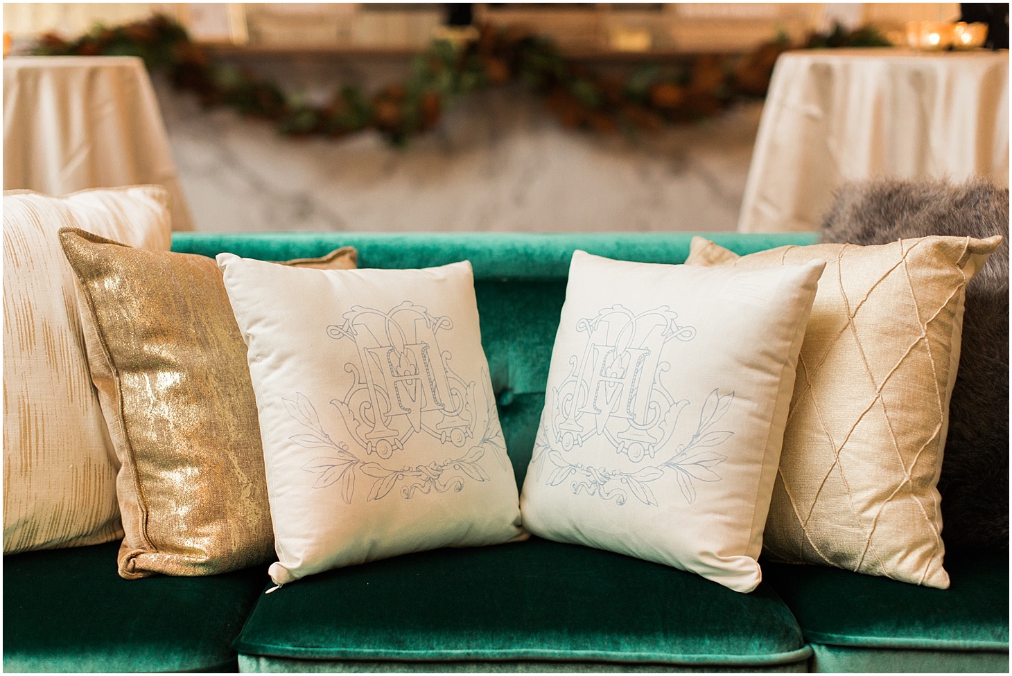 Monogramed Pillows at Wedding Reception | Southern Black Tie wedding at St. Regis Washington, DC in Dusty Blue and Ivory | Sarah Bradshaw Photography
