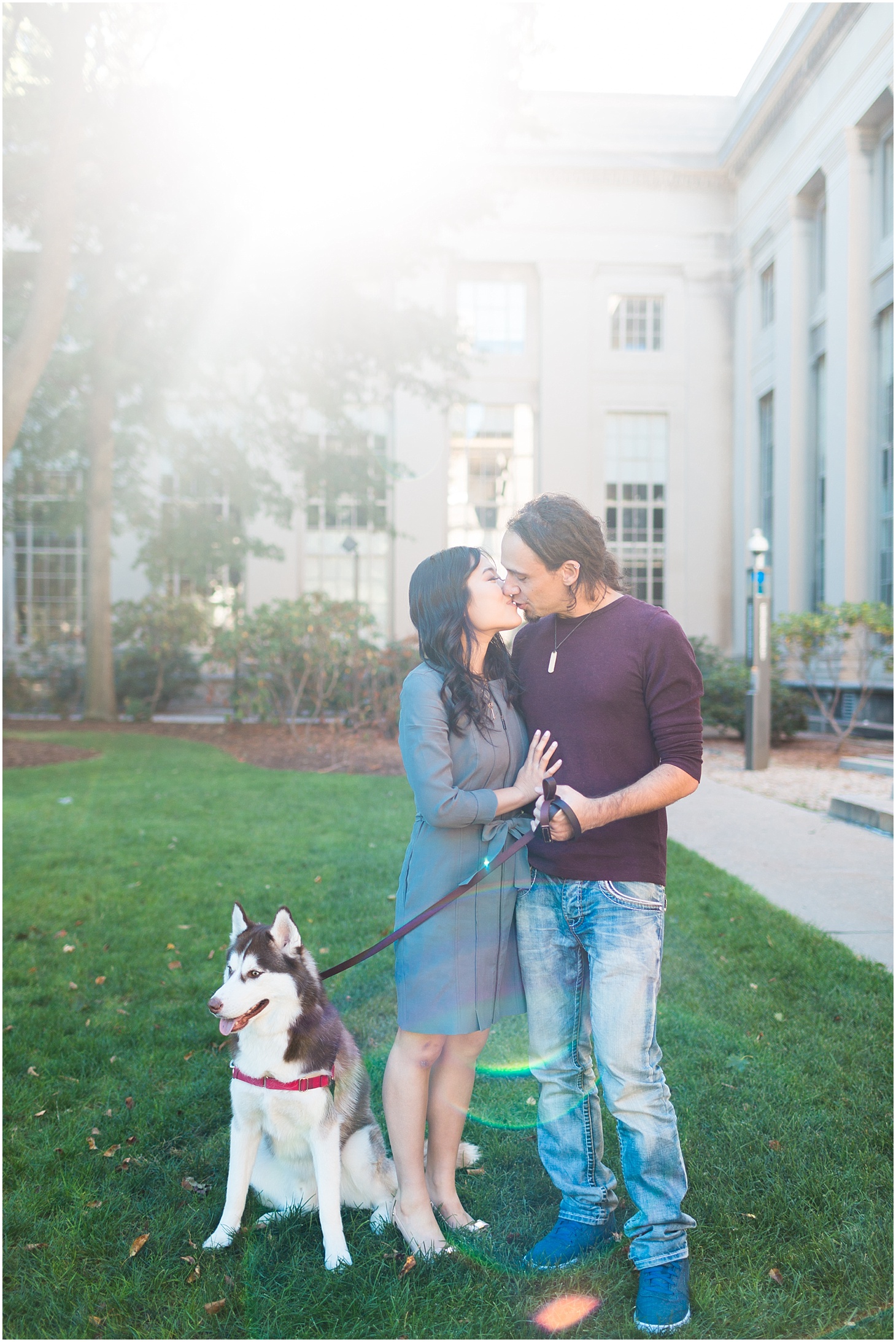 Engagement Portraits with husky at MIT in Cambridge, MA | Sunset Engagement Session in Boston | Sarah Bradshaw Photography