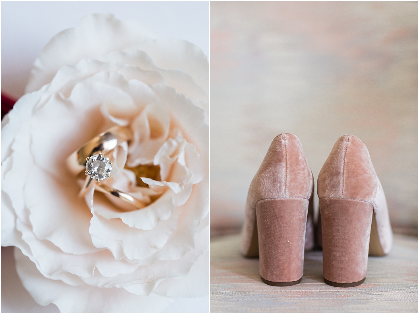 Blush Velvet Wedding Shoes and Engagement Ring Detail | Ceremony at the Holy Rosary Church | Burgundy and Blush DC Wedding at District Winery | Sarah Bradshaw Photography