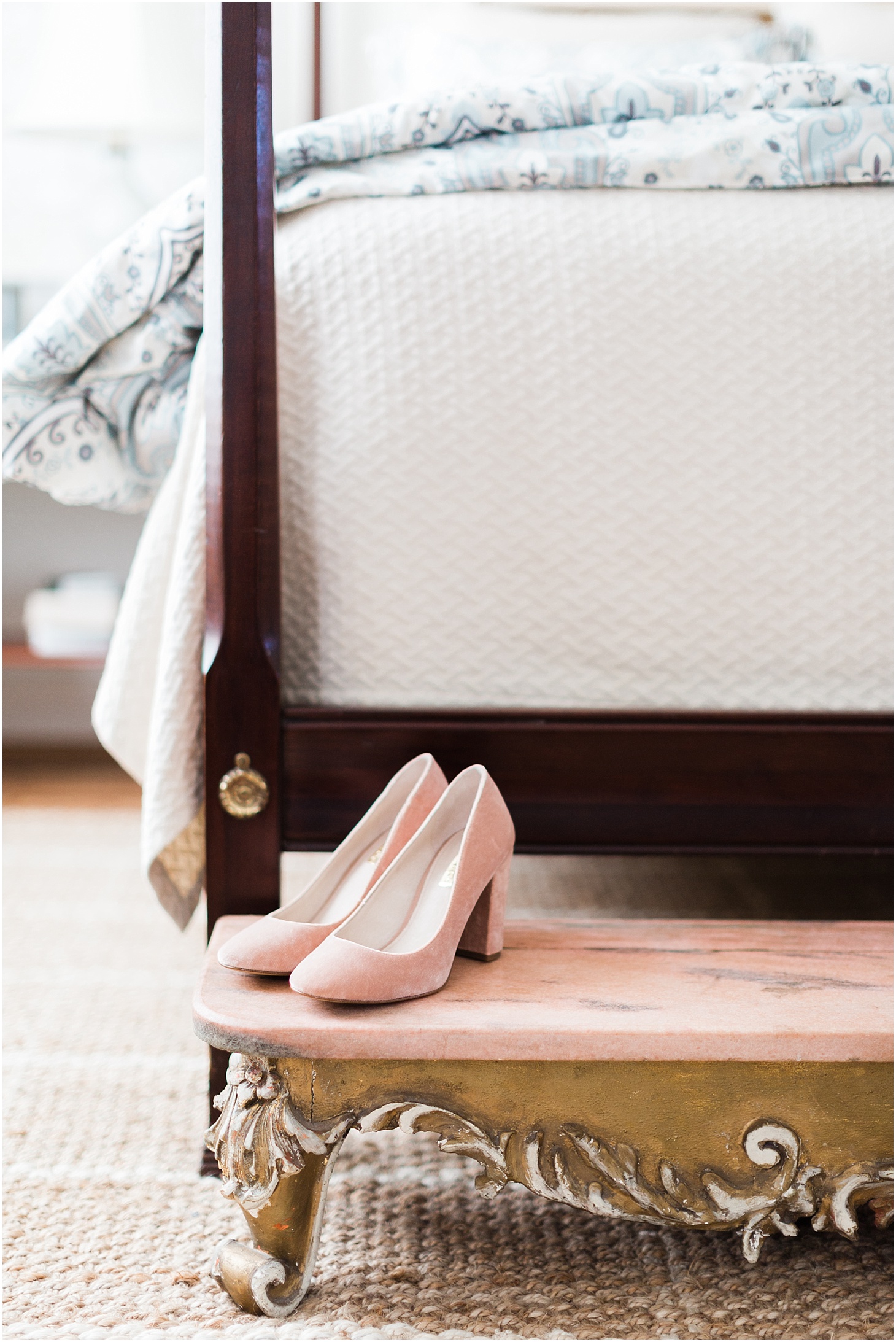 Blush Velvet Wedding Shoes | Ceremony at the Holy Rosary Church | Burgundy and Blush DC Wedding at District Winery | Sarah Bradshaw Photography