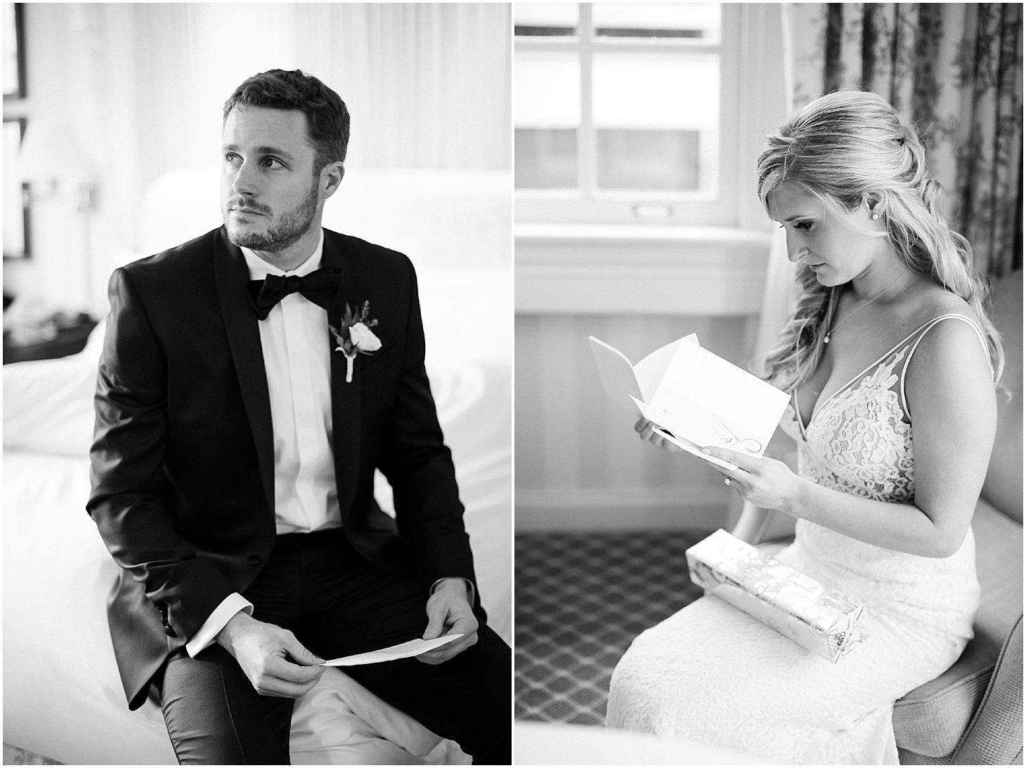 Bride and Groom Reading Letters before First Look at Hay-Adams Hotel in Washington,DC | French-Inspired New Years Eve Wedding at the Decatur House | Sarah Bradshaw Photography | Washington DC Wedding Photographer