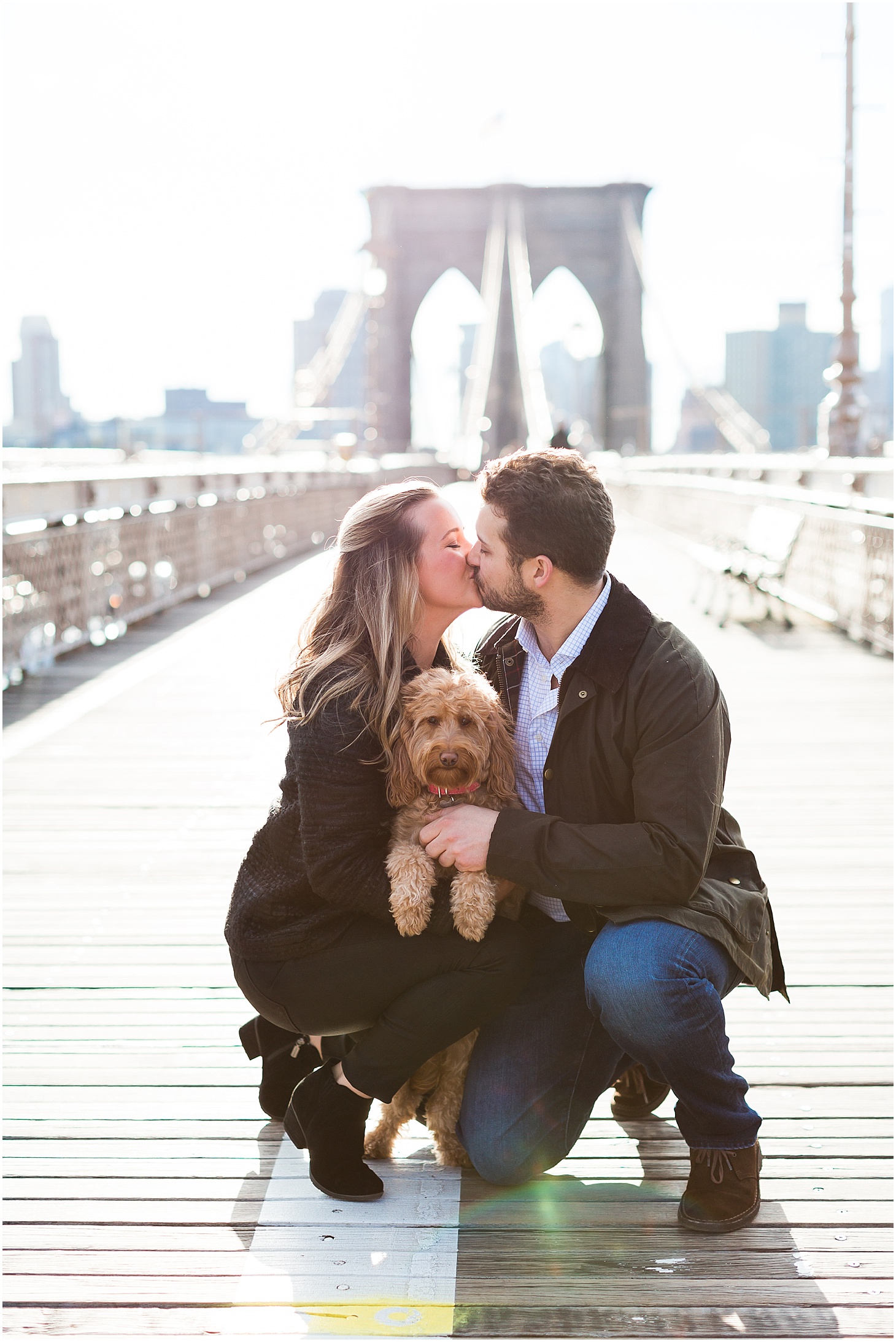 Engagement Portraits on the Brooklyn Bridge with Dog | Sunrise Engagement at the Brooklyn Bridge, Top of Rock, and Grand Central Station | Sarah Bradshaw Photography