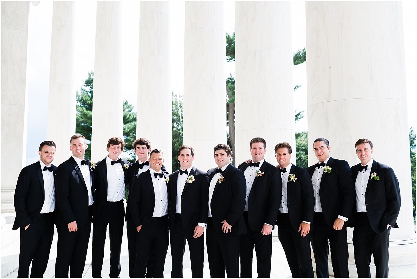 Groom and Groomsmens at the Jefferson Memorial | Summer Rooftop Wedding at The Capitol View at 400 | Sarah Bradshaw Photography | Washington DC Wedding Photographer