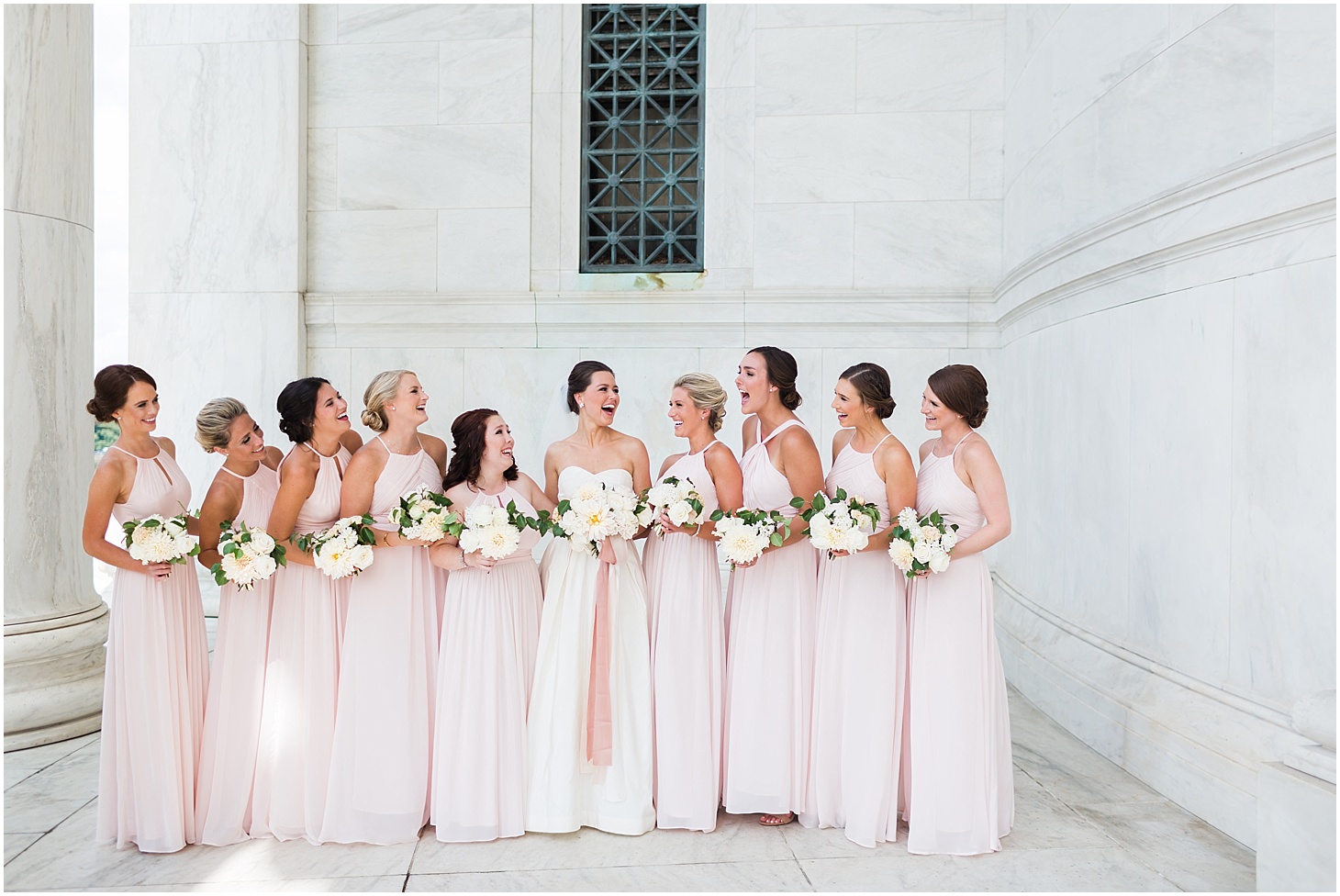 Bride and Bridesmaids at the Jefferson Memorial | Summer Rooftop Wedding at The Capitol View at 400 | Sarah Bradshaw Photography | Washington DC Wedding Photographer