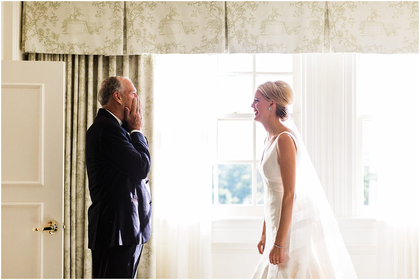 Father-Daughter First Look in Bridal Suite at Hay-Adams Hotel, Champagne-toned Multicultural Wedding in Washington DC, Ceremony at National City Christian Church, Sarah Bradshaw Photography
