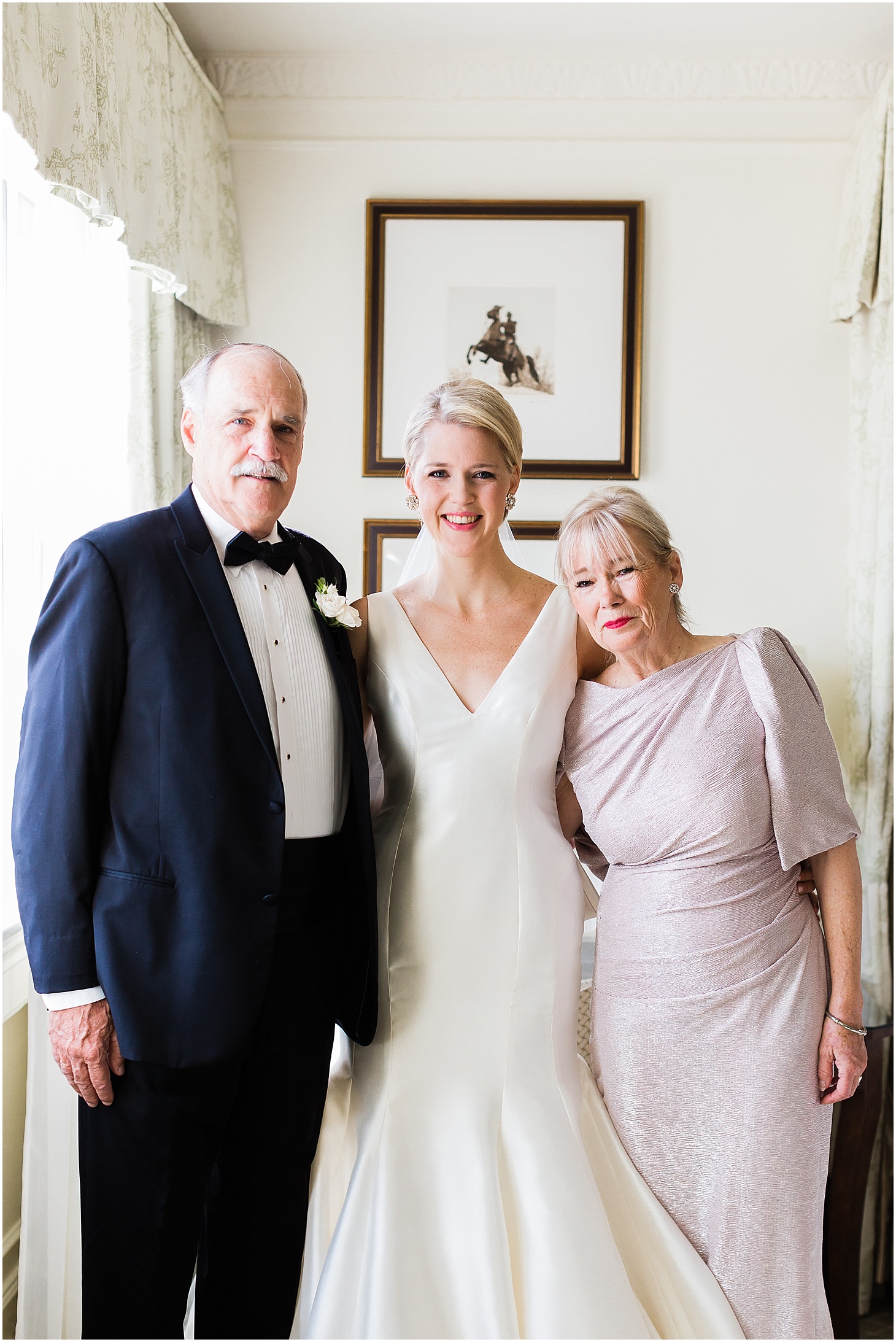Bride with Parents in Bridal Suite at Hay-Adams Hotel, Champagne-toned Multicultural Wedding in Washington DC, Ceremony at National City Christian Church, Sarah Bradshaw Photography