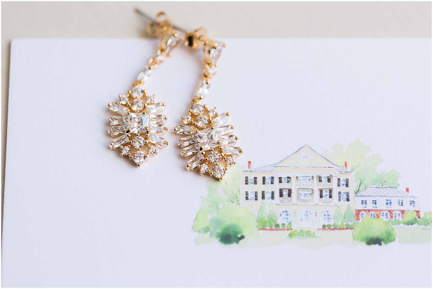 Brie's Gold and Crystal Earrings, Green and White Summer Wedding at The Inn at Willow Grove, Ceremony at St. Isidore the Farmer Catholic Church, Sarah Bradshaw Photography, DC Wedding Photographer