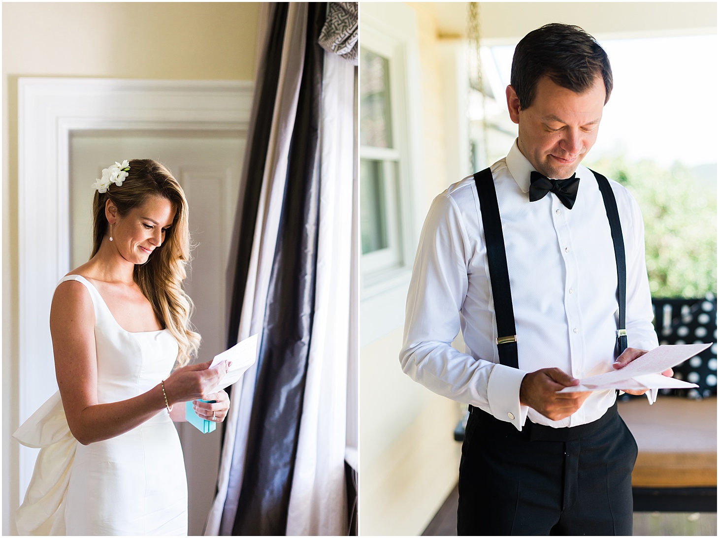 Bride and Groom Reading Letters at the Inn at Willow Grove, Green and White Summer Wedding at The Inn at Willow Grove, Ceremony at St. Isidore the Farmer Catholic Church, Sarah Bradshaw Photography, DC Wedding Photographer
