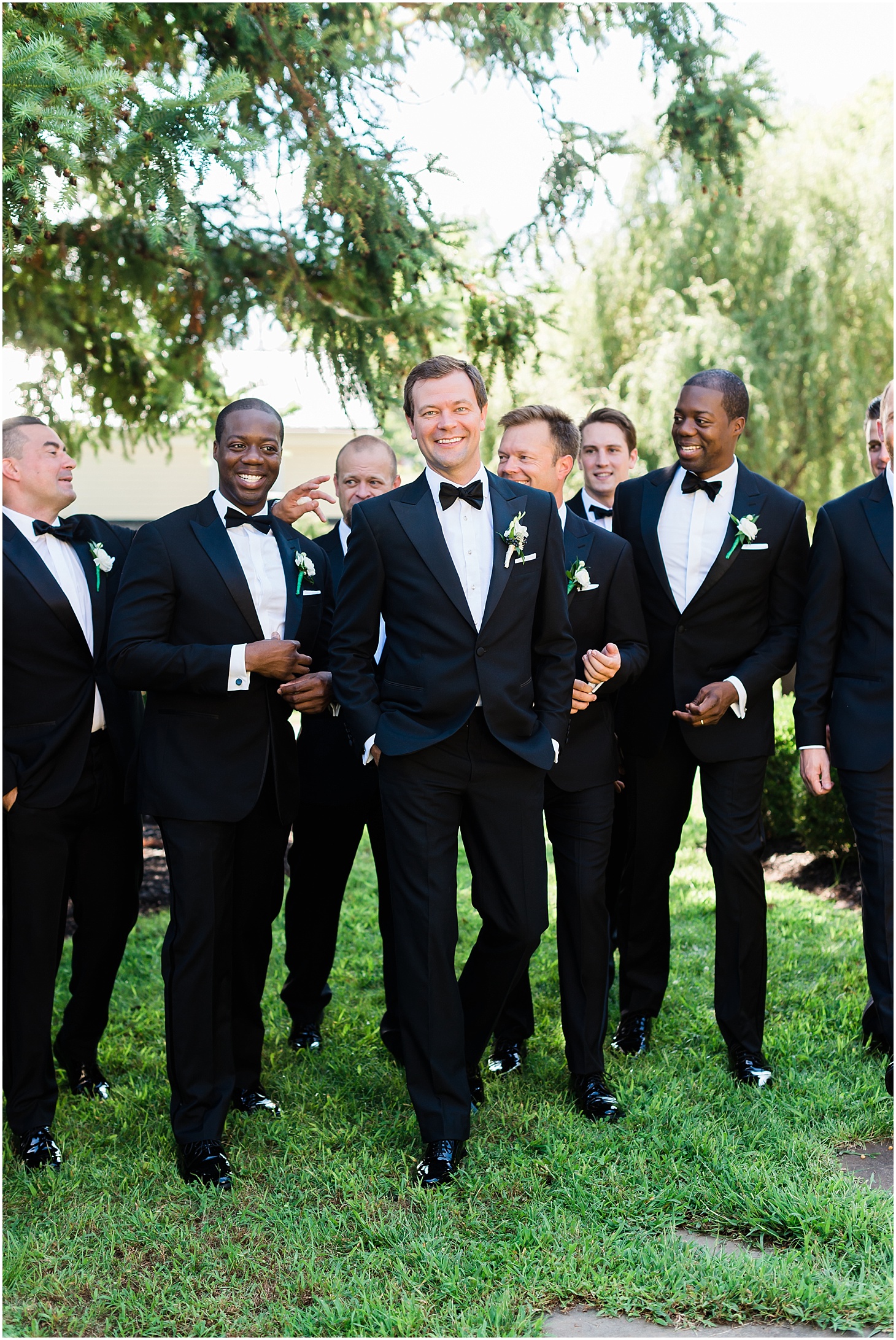 Groom and Groomsmen at the Inn at Willow Grove, Green and White Summer Wedding at The Inn at Willow Grove, Ceremony at St. Isidore the Farmer Catholic Church, Sarah Bradshaw Photography, DC Wedding Photographer