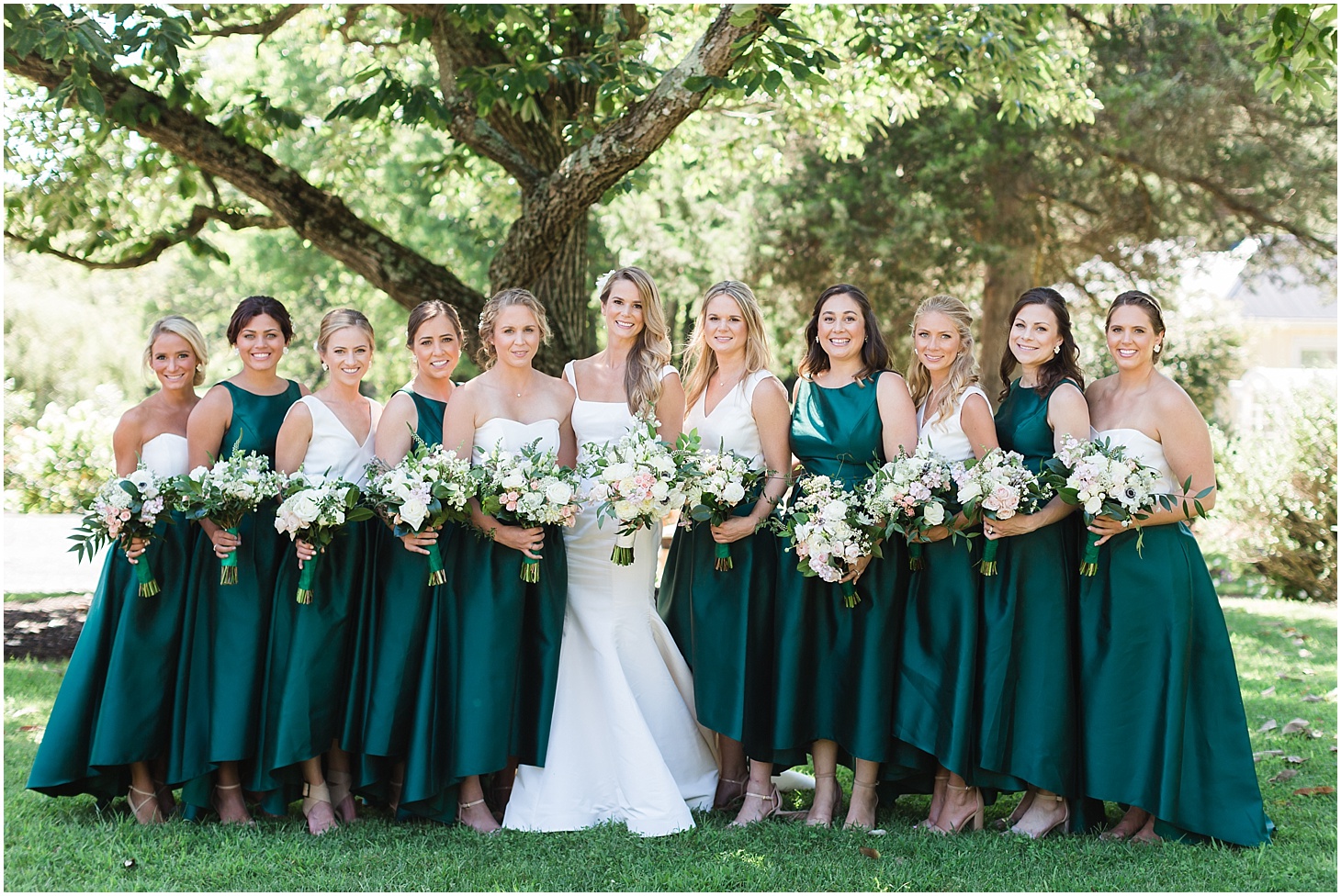 Bridal Party at the Inn at Willow Grove, Green and White Summer Wedding at The Inn at Willow Grove, Ceremony at St. Isidore the Farmer Catholic Church, Sarah Bradshaw Photography, DC Wedding Photographer