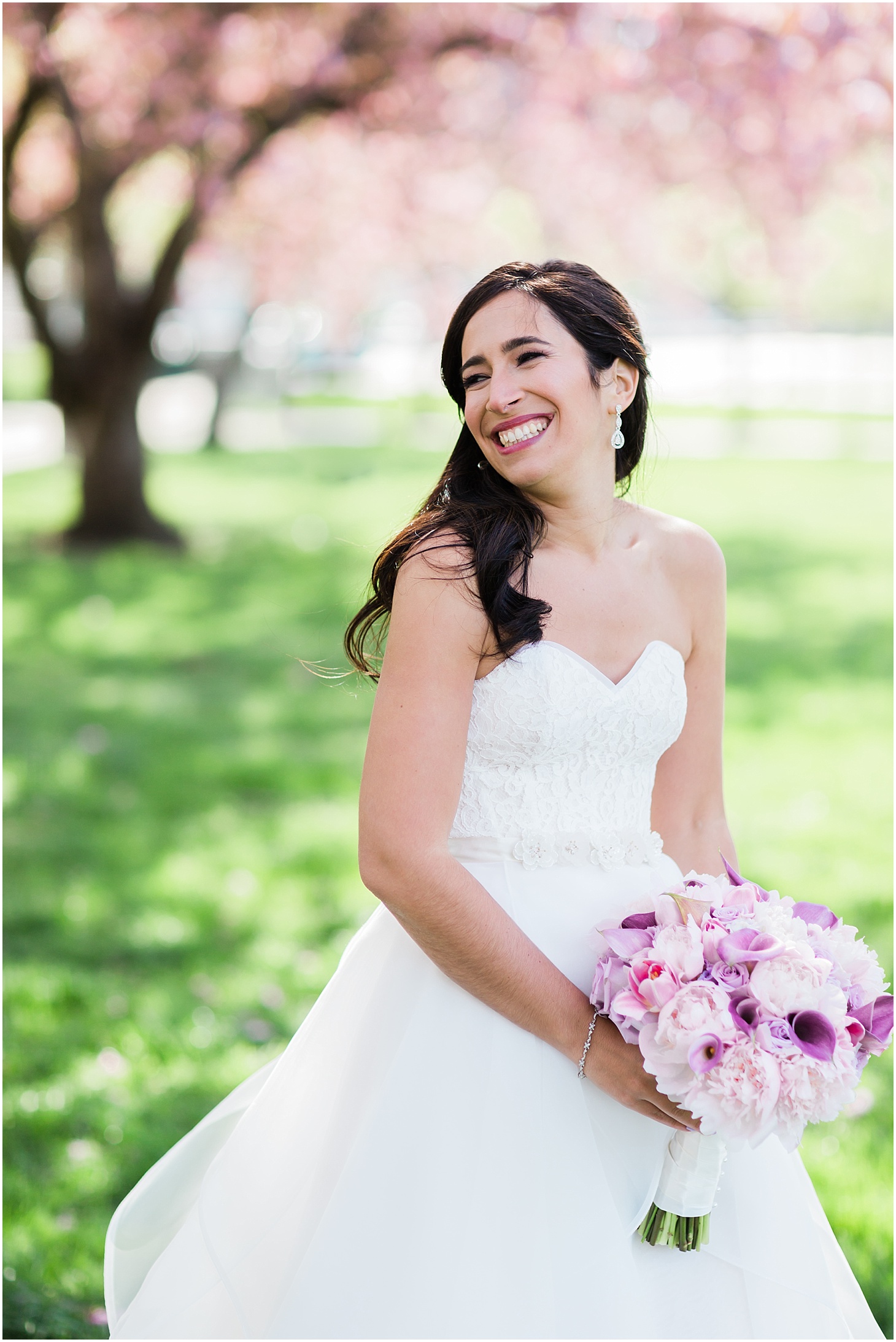 Bridal Portrait under Cherry Trees, B Floral Bouquet, Museum-Inspired Spring Wedding at National Museum of Women in the Arts, Sarah Bradshaw Photography, DC Wedding Photographer