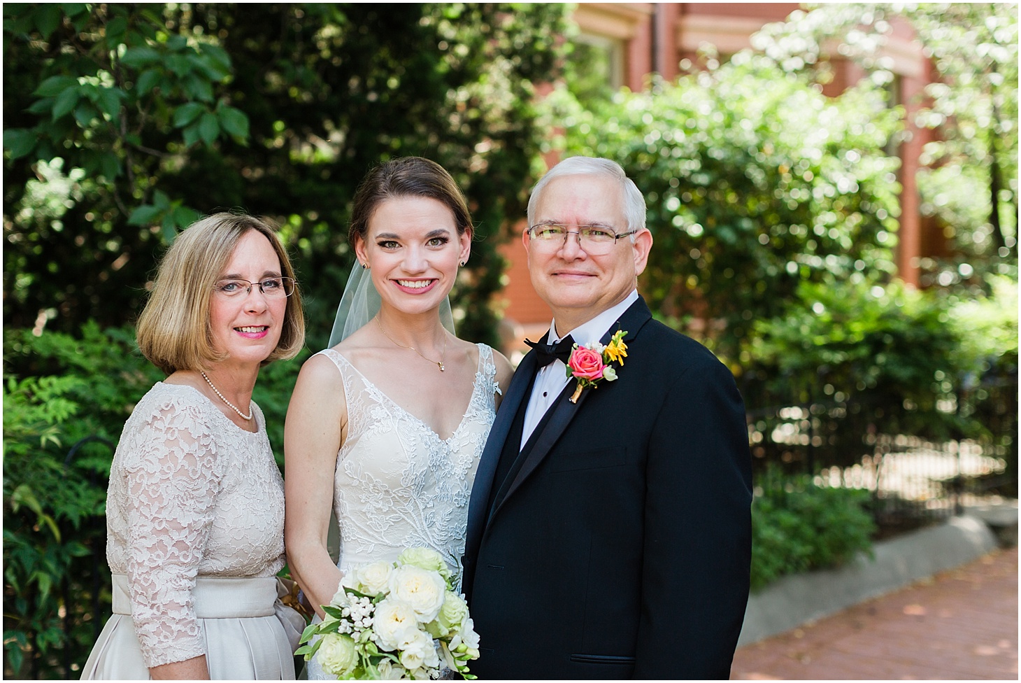 Bride with Parents before Ceremony, Black Tie Hay-Adams Wedding with Summer Florals, Ceremony at Capitol Hill Baptist Church, Sarah Bradshaw Photography, DC Wedding Photographer