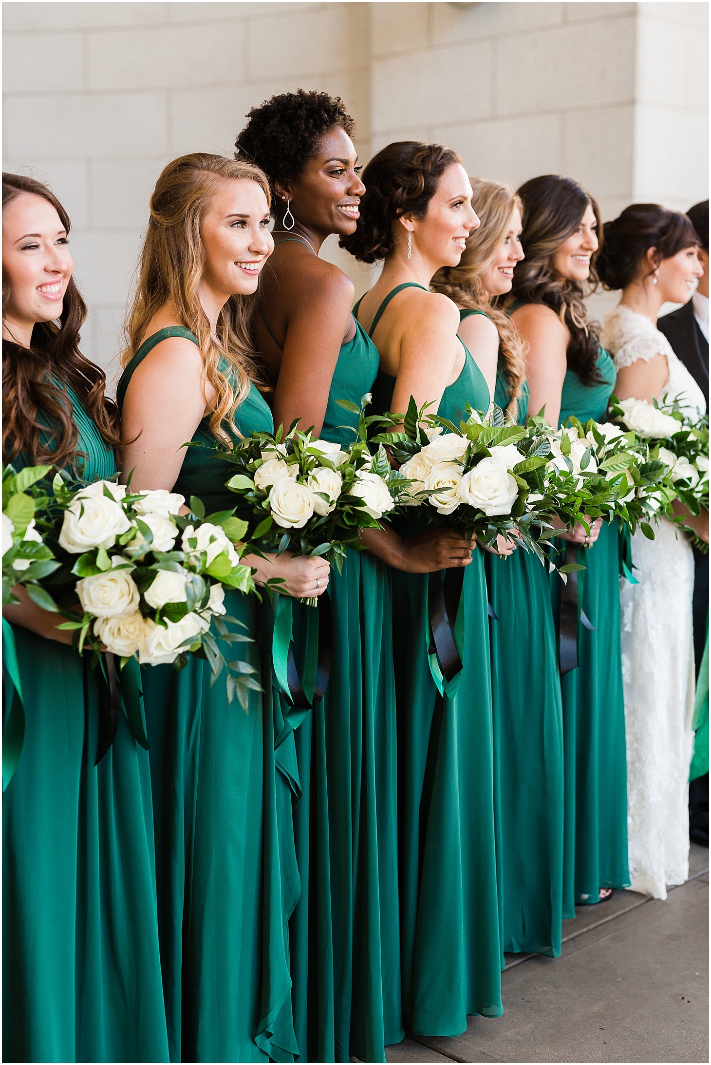 Bridal Party at Union Station, Azazie Bridesmaid Dresses, Hexagon-Inspired Emerald Wedding at Union Station in Washington DC, Sarah Bradshaw Photography