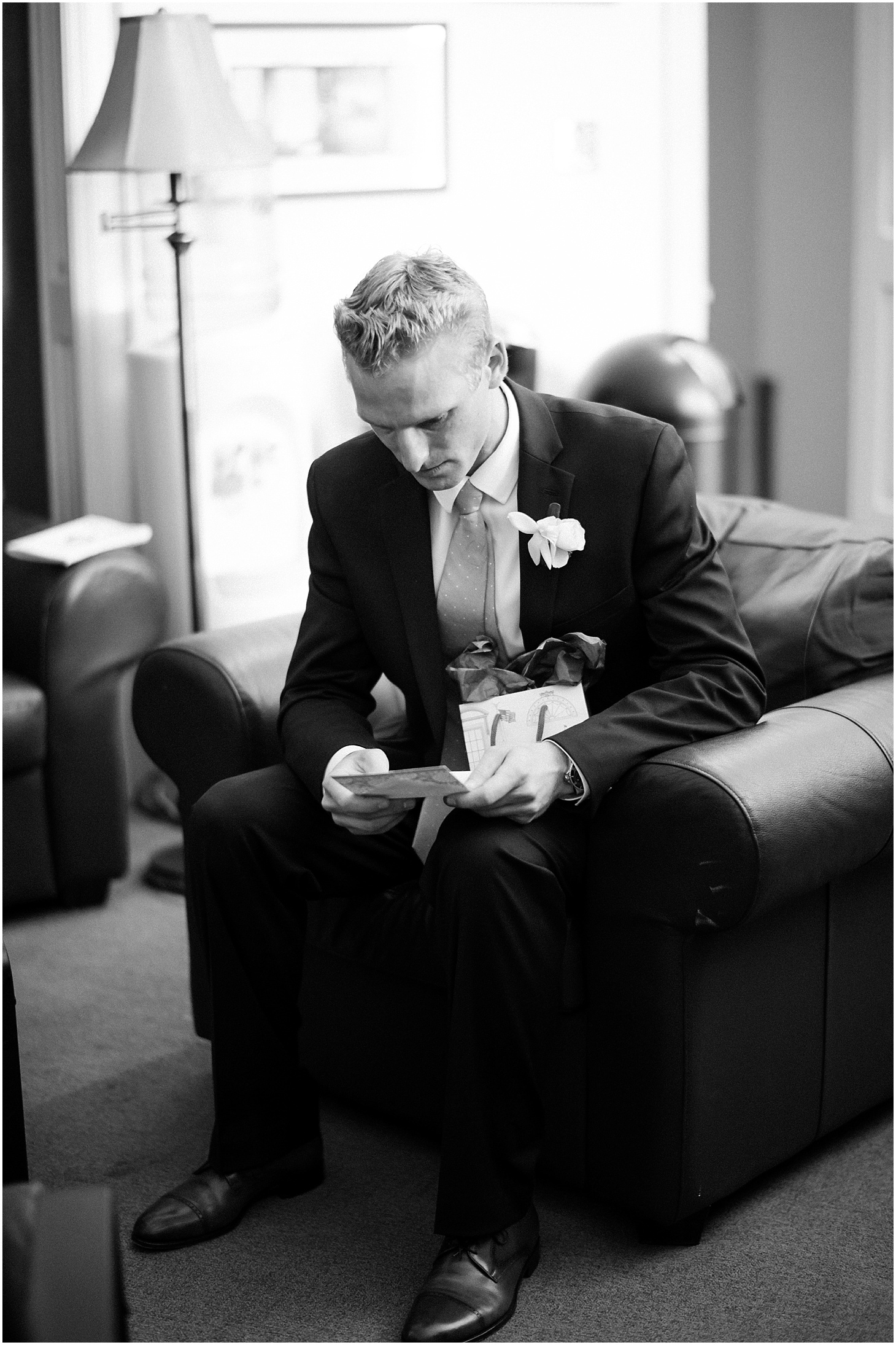 Groom Reading Letter from Bride, Navy and Blush Summer Wedding at the Army and Navy Club, Ceremony at Capitol Hill Baptist Church, Sarah Bradshaw Photography, DC Wedding Photographer