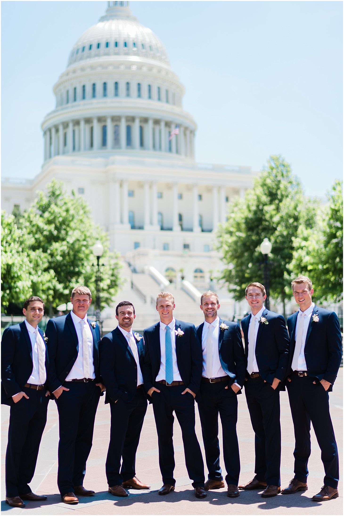 Groom and Groomsmen Portraits on National Mall, Navy and Blush Summer Wedding at the Army and Navy Club, Ceremony at Capitol Hill Baptist Church, Sarah Bradshaw Photography, DC Wedding Photographer