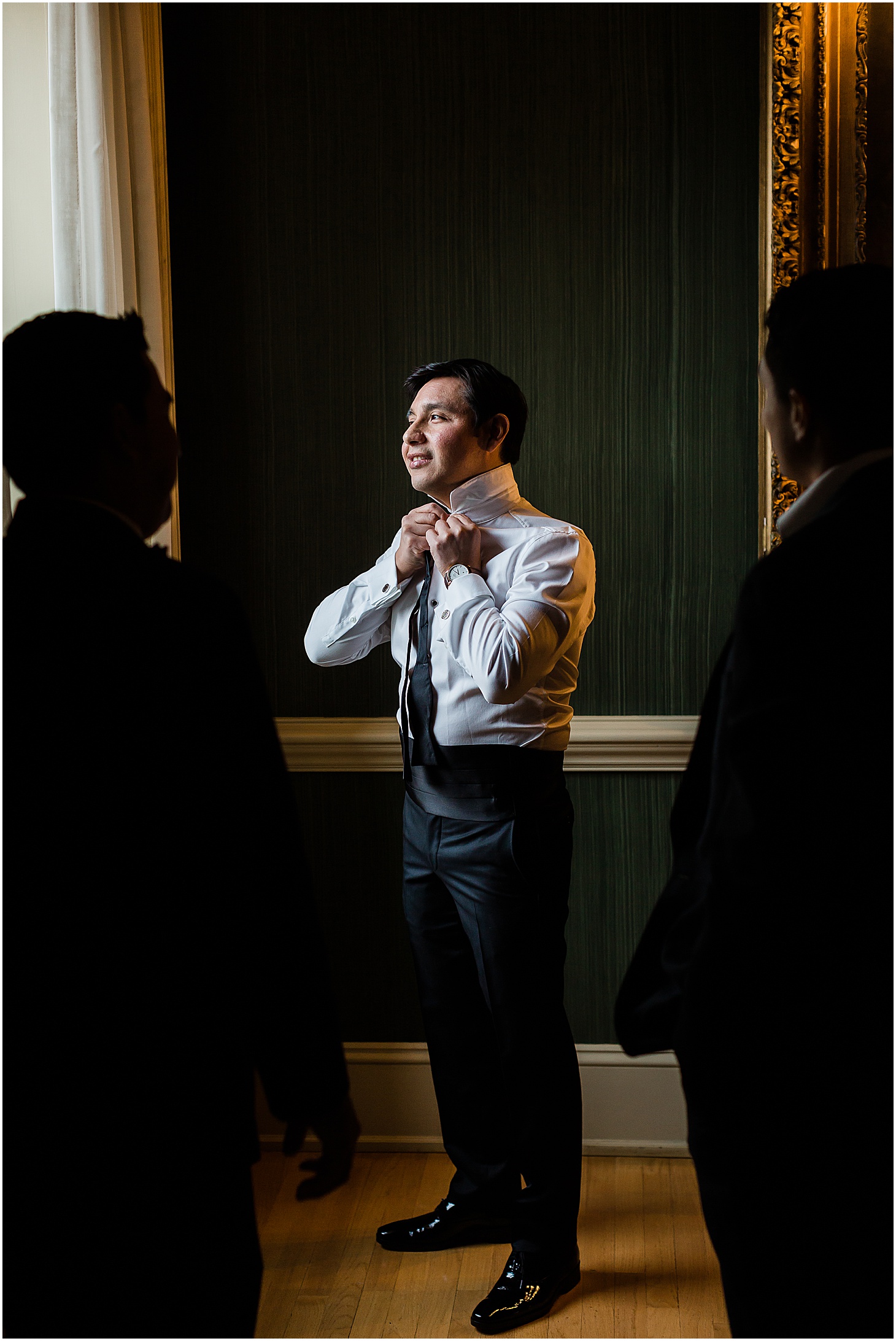 Groom Getting Ready at Commonwealth Club, Ted Baker Tuxedo, Ceremony at Grace and Holy Trinity Episcopal Church, Burgundy and Blush Christmas Wedding at Richmond’s Commonwealth Club, Sarah Bradshaw Photography