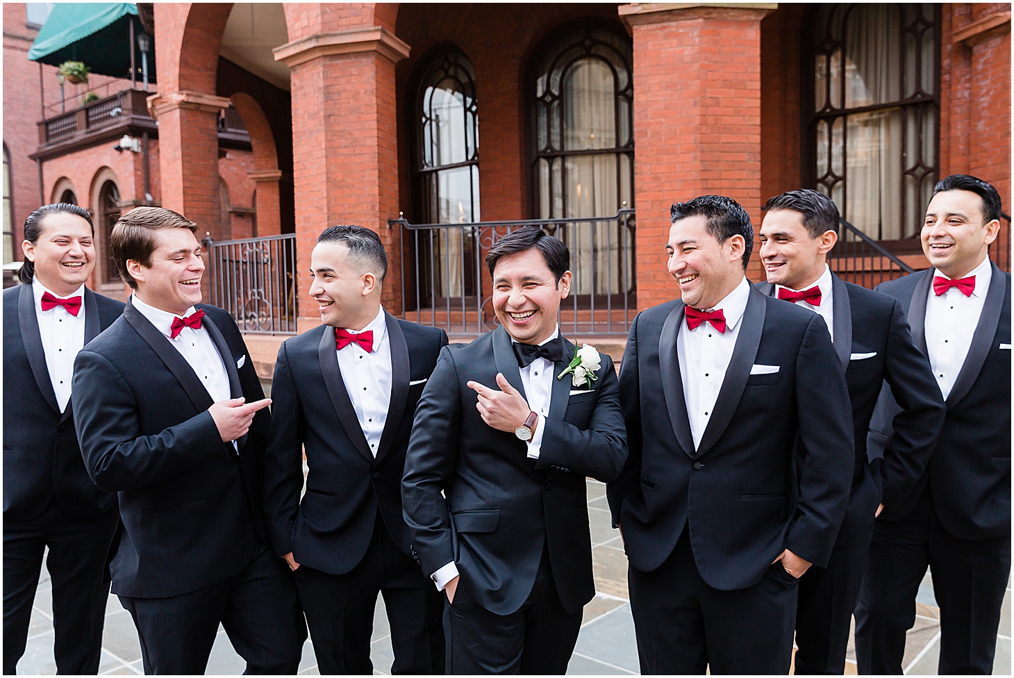 Groom and Groomsmen at Commonwealth Club, Ceremony at Grace and Holy Trinity Episcopal Church, Burgundy and Blush Christmas Wedding at Richmond’s Commonwealth Club, Sarah Bradshaw Photography
