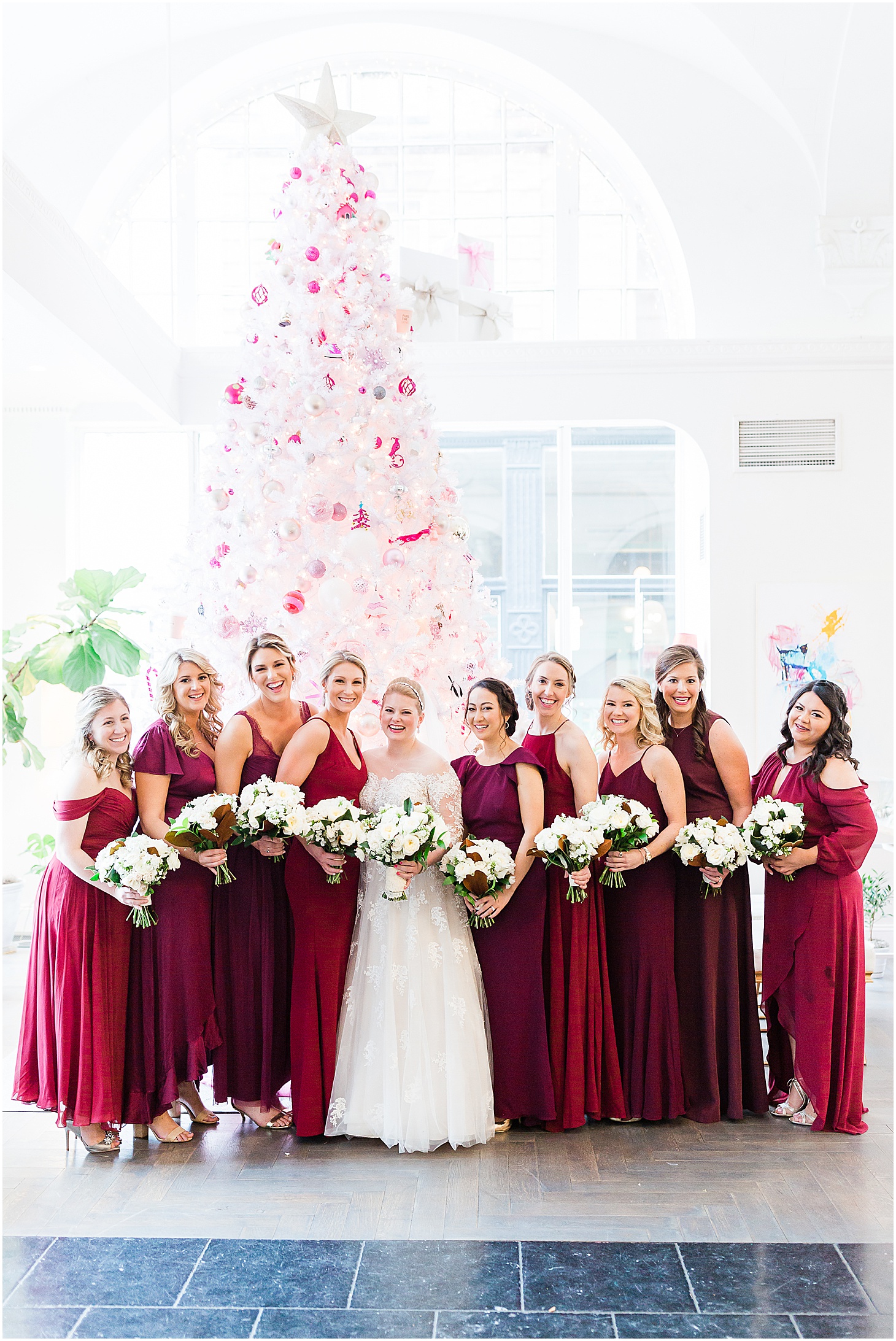 Bridal Party at Quirk Hotel, Ceremony at Grace and Holy Trinity Episcopal Church, Burgundy and Blush Christmas Wedding at Richmond’s Commonwealth Club, Sarah Bradshaw Photography