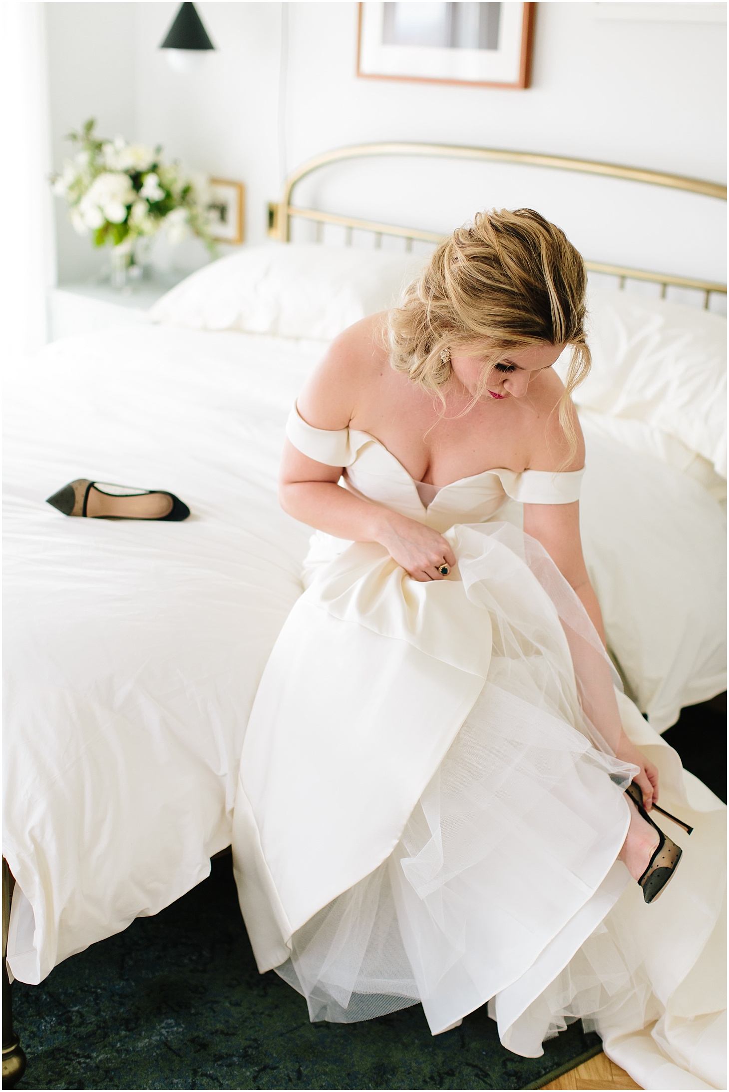 Bride Getting Ready at The LINE Hotel DC, Christian Dior Shoes and Anne Barge Wedding Gown, Modern Spring Wedding at The LINE Hotel DC, Wedding Ceremony at National United Methodist Church, Sarah Bradshaw Photography, DC Wedding Photographer