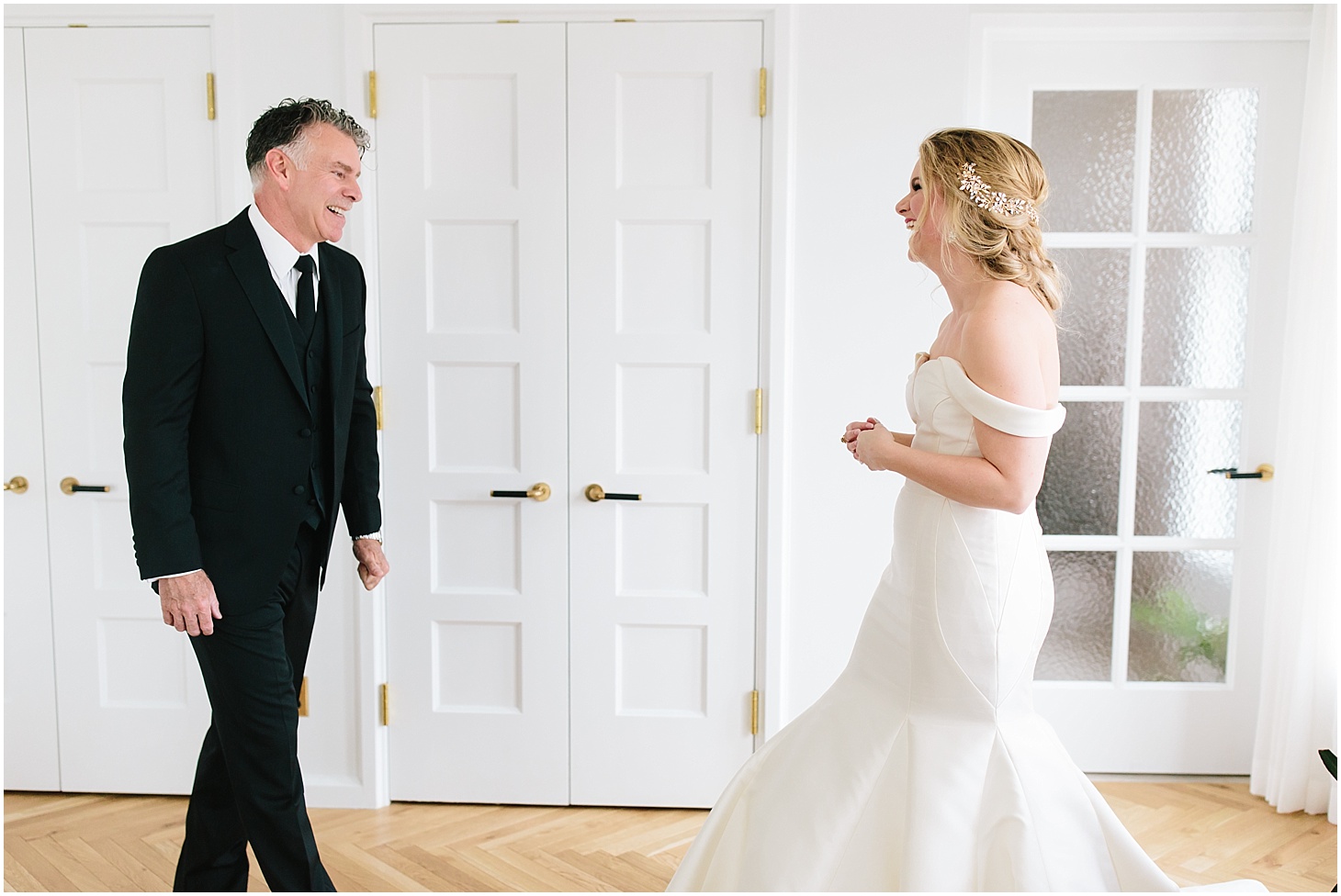 Bride's First Look with Father at The LINE Hotel DC, Anne Barge Wedding Gown, Modern Spring Wedding at The LINE Hotel DC, Wedding Ceremony at National United Methodist Church, Sarah Bradshaw Photography, DC Wedding Photographer