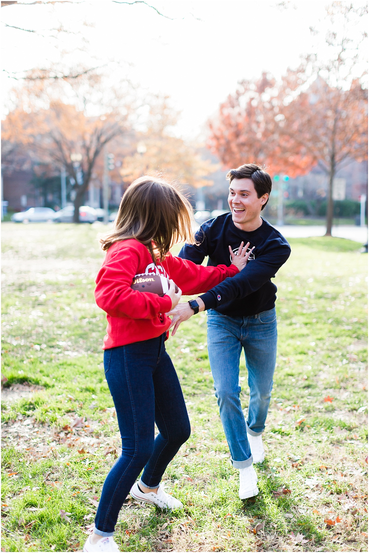 Engagement Portraits with College Shirts, Winter Evening Engagement Session in DC, Sarah Bradshaw Photography, DC Wedding Photographer