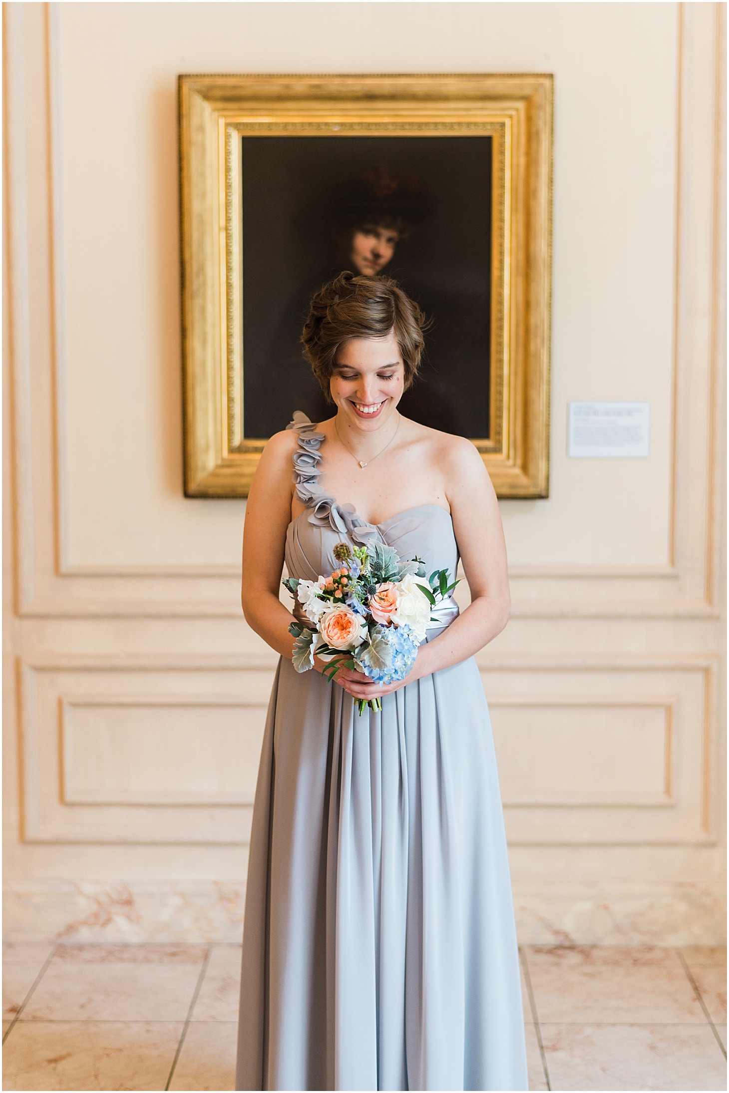 Azazie Dress, Bridesmaid Portraits at National Museum of Women in the Arts, Kimpton Donovan Hotel, Dusty Blue and Pink Jewish Wedding at Women in the Arts, Sarah Bradshaw Photography, DC Wedding Photographer 