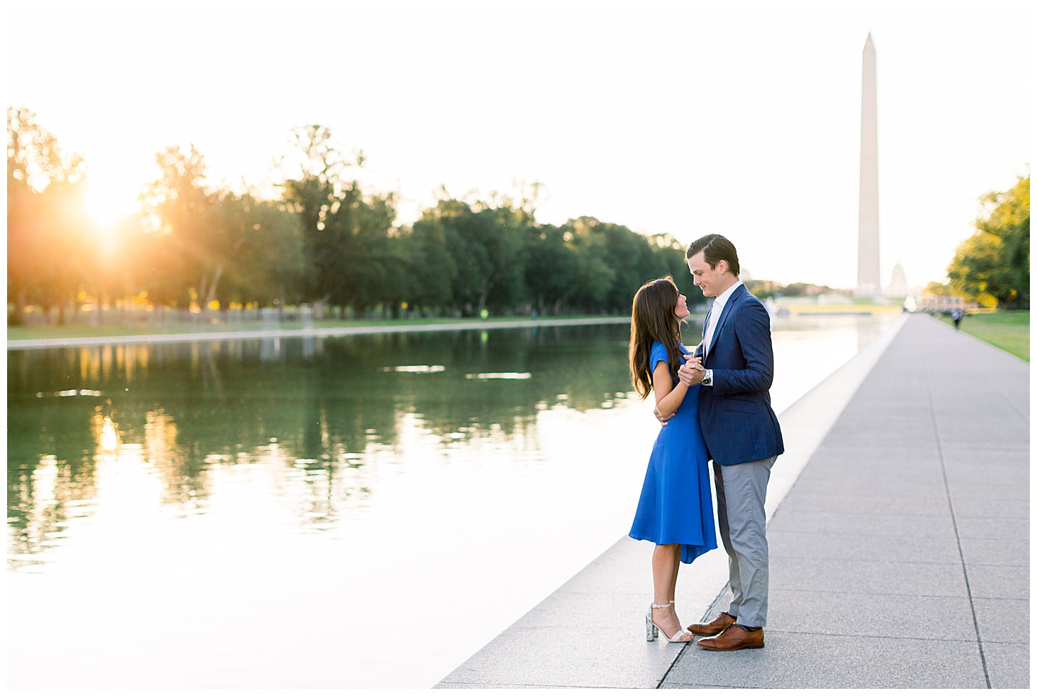 Preppy Morning Engagement Portraits at Lincoln Memorial Reflecting Pool by Sarah Bradshaw Photography