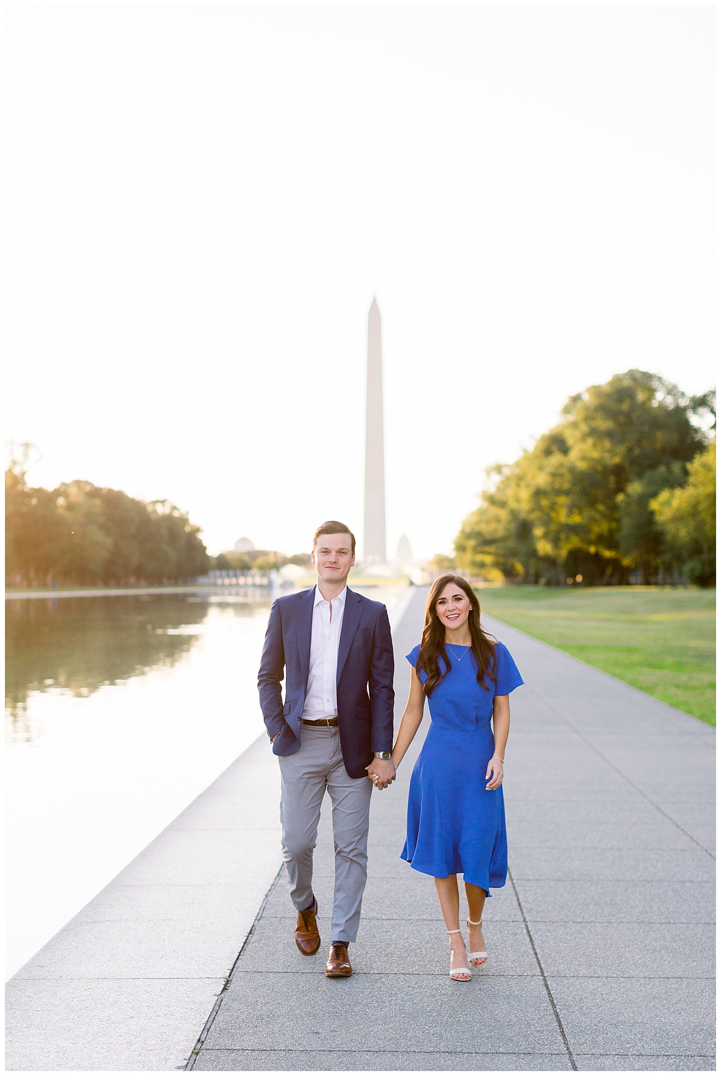 Preppy Morning Engagement Portraits at Lincoln Memorial Reflecting Pool by Sarah Bradshaw Photography, Golden Light Portraits 