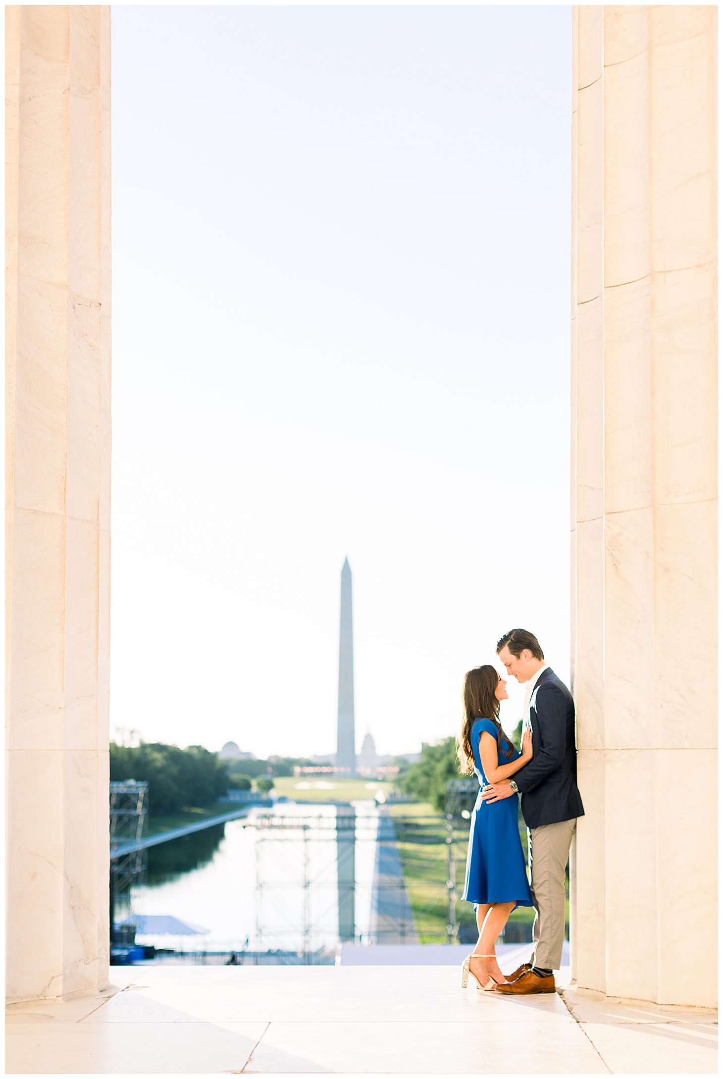 Portraits at Lincoln Memorial, Sarah Bradshaw Photography, Preppy Morning Engagement Session with Golden Light and Golden Retriever